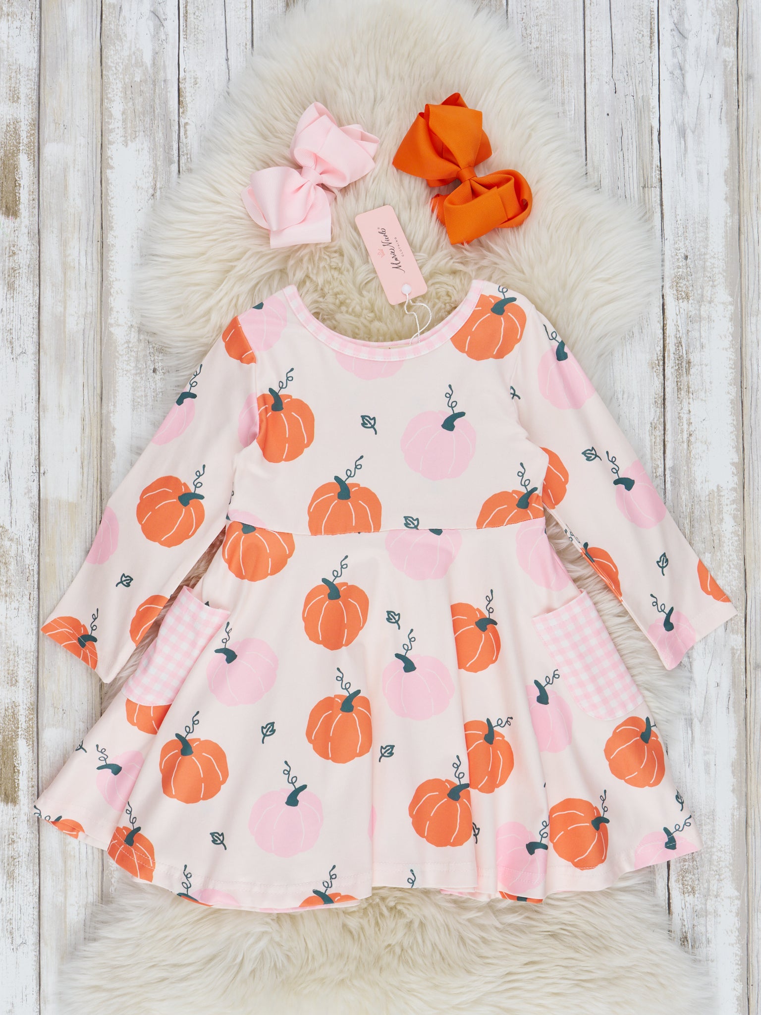 Pink & Orange Sweet Gourds Gingham Ruffle Dress - Marie Nicole Clothing