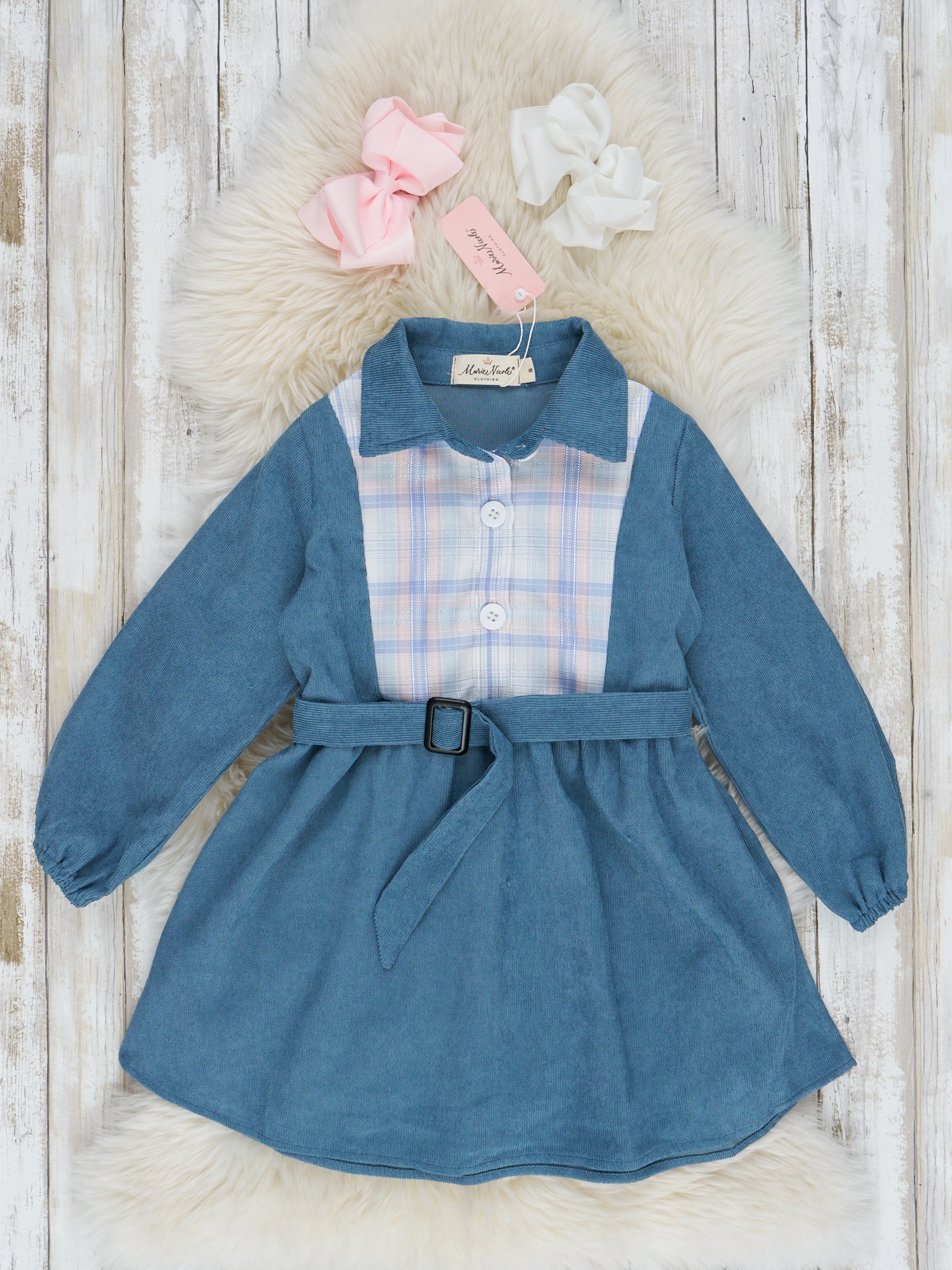 Chambray Plaid Corduroy Dress - Marie Nicole Clothing