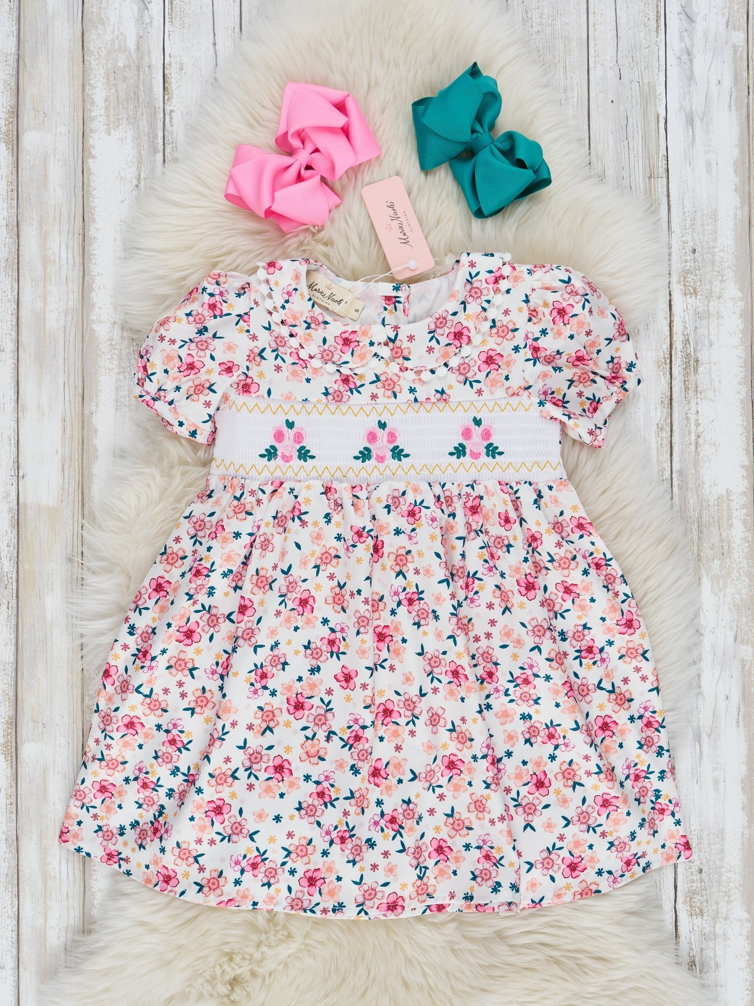 Pink & Yellow Ditsy Flower Smocked Dress - Marie Nicole Clothing