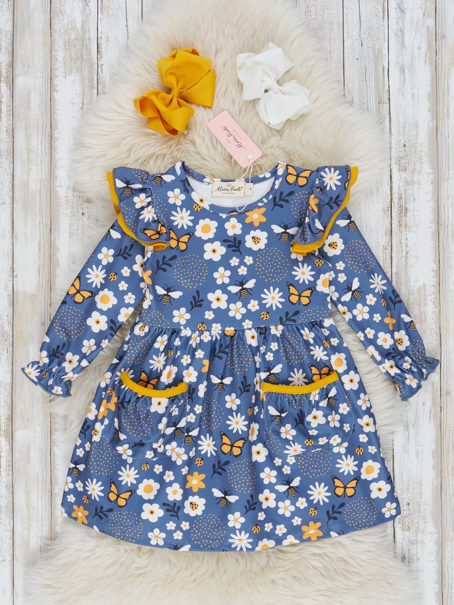 Blue & White Bee Floral Ruffle Dress - Marie Nicole Clothing