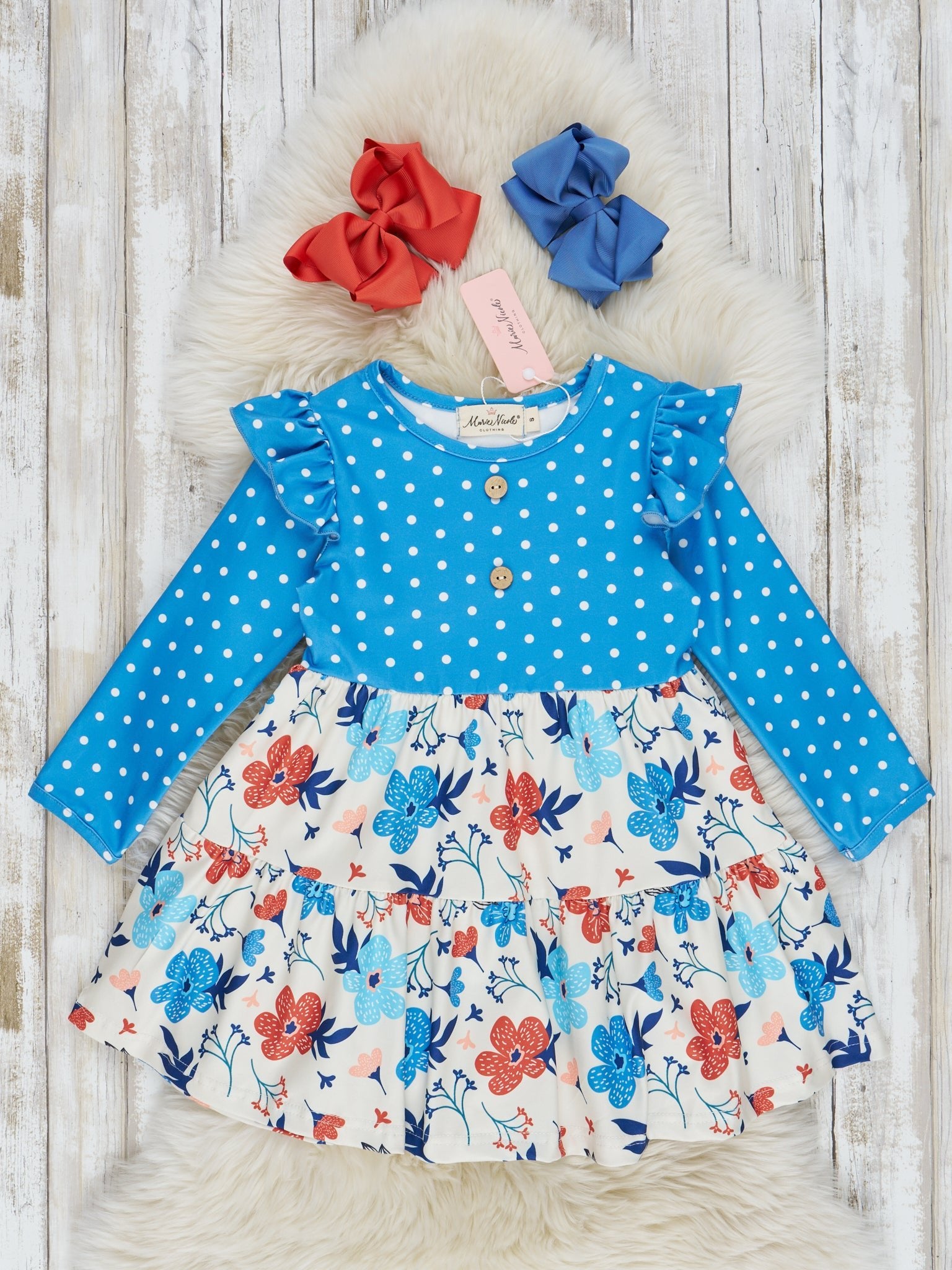 Blue Polka Dot & Floral Ruffle Dress - Marie Nicole Clothing