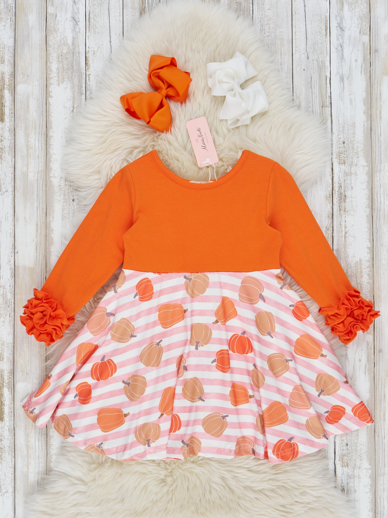 Orange & Pink Stripe Gourds Ruffle Dress - Marie Nicole Clothing