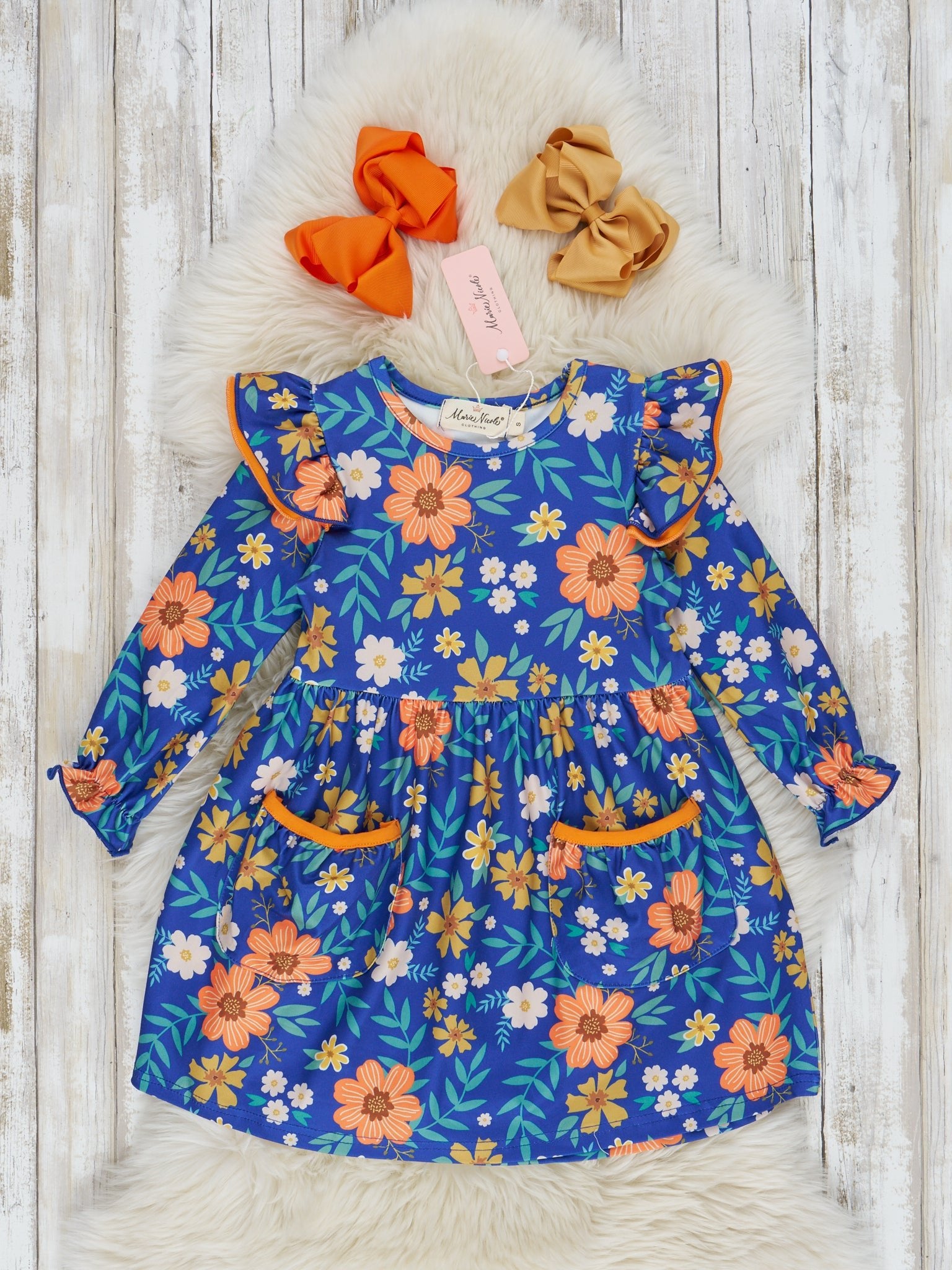 Tangerine & Blue Floral Ruffle Dress - Marie Nicole Clothing