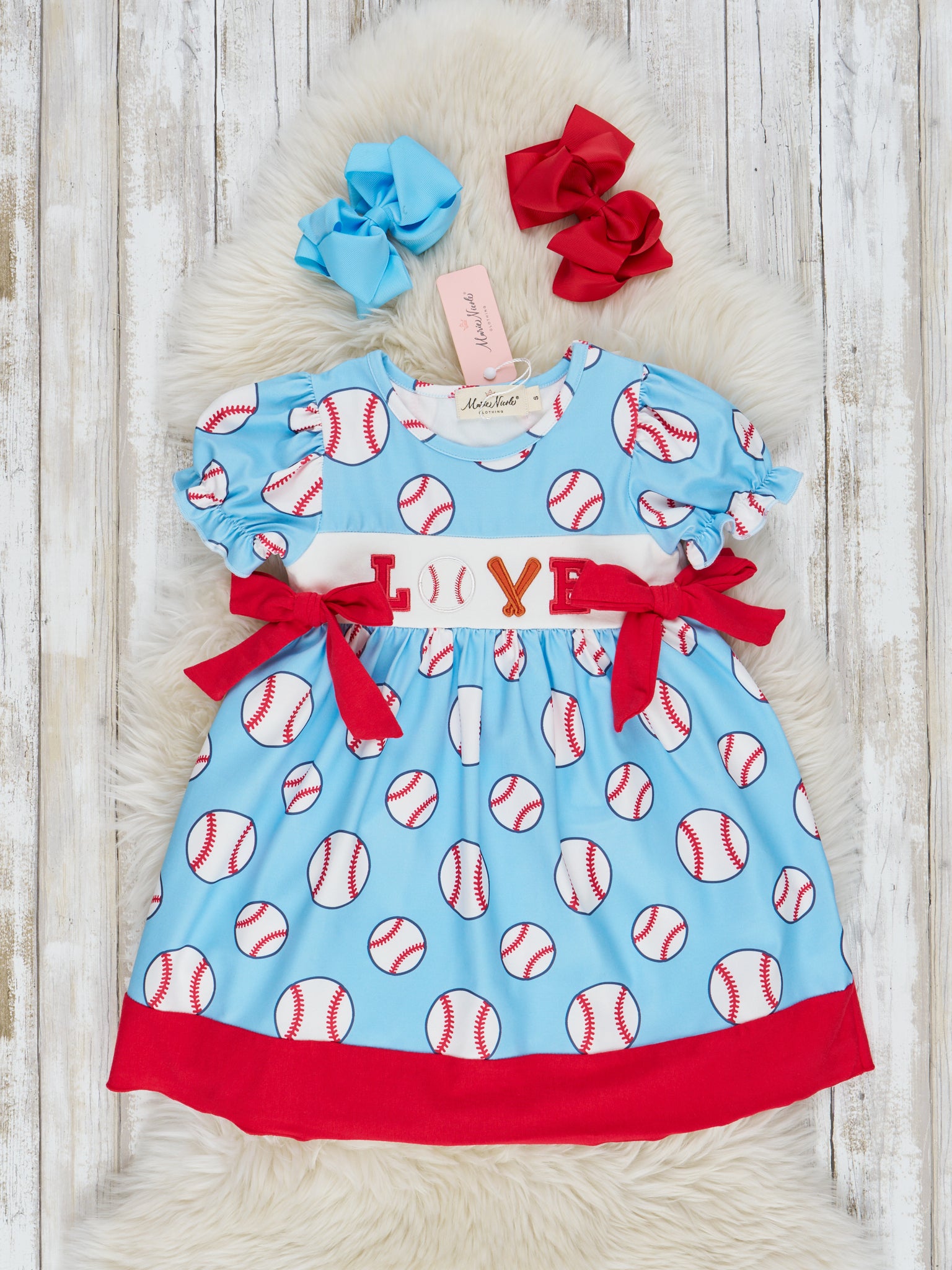 Light Blue & Ruby Bow Smocked Baseball Dress - Marie Nicole Clothing