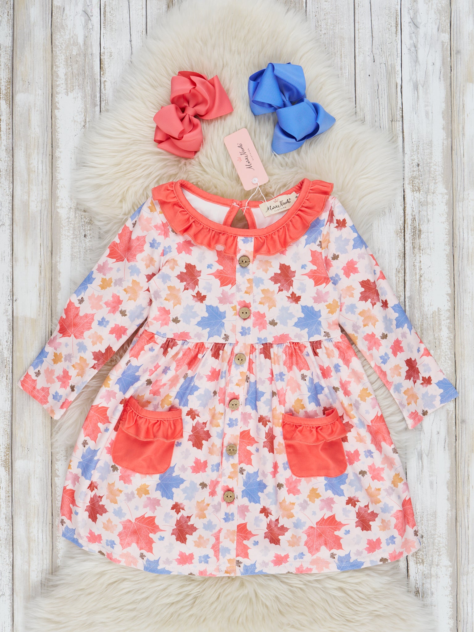 Scarlet & Cornflower Blue Falling Leaves Ruffle Dress - Marie Nicole Clothing