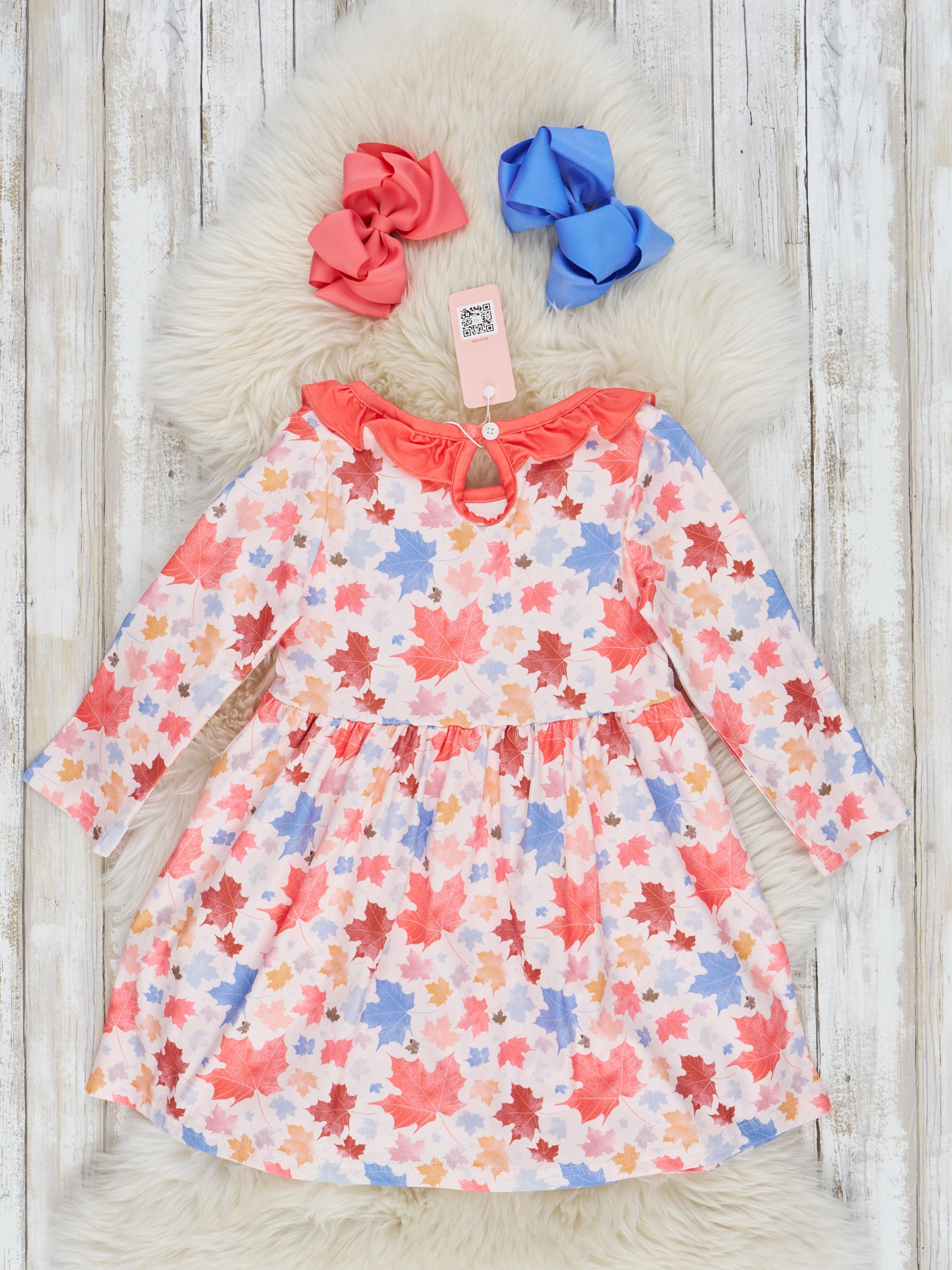 Scarlet & Cornflower Blue Falling Leaves Ruffle Dress - Marie Nicole Clothing