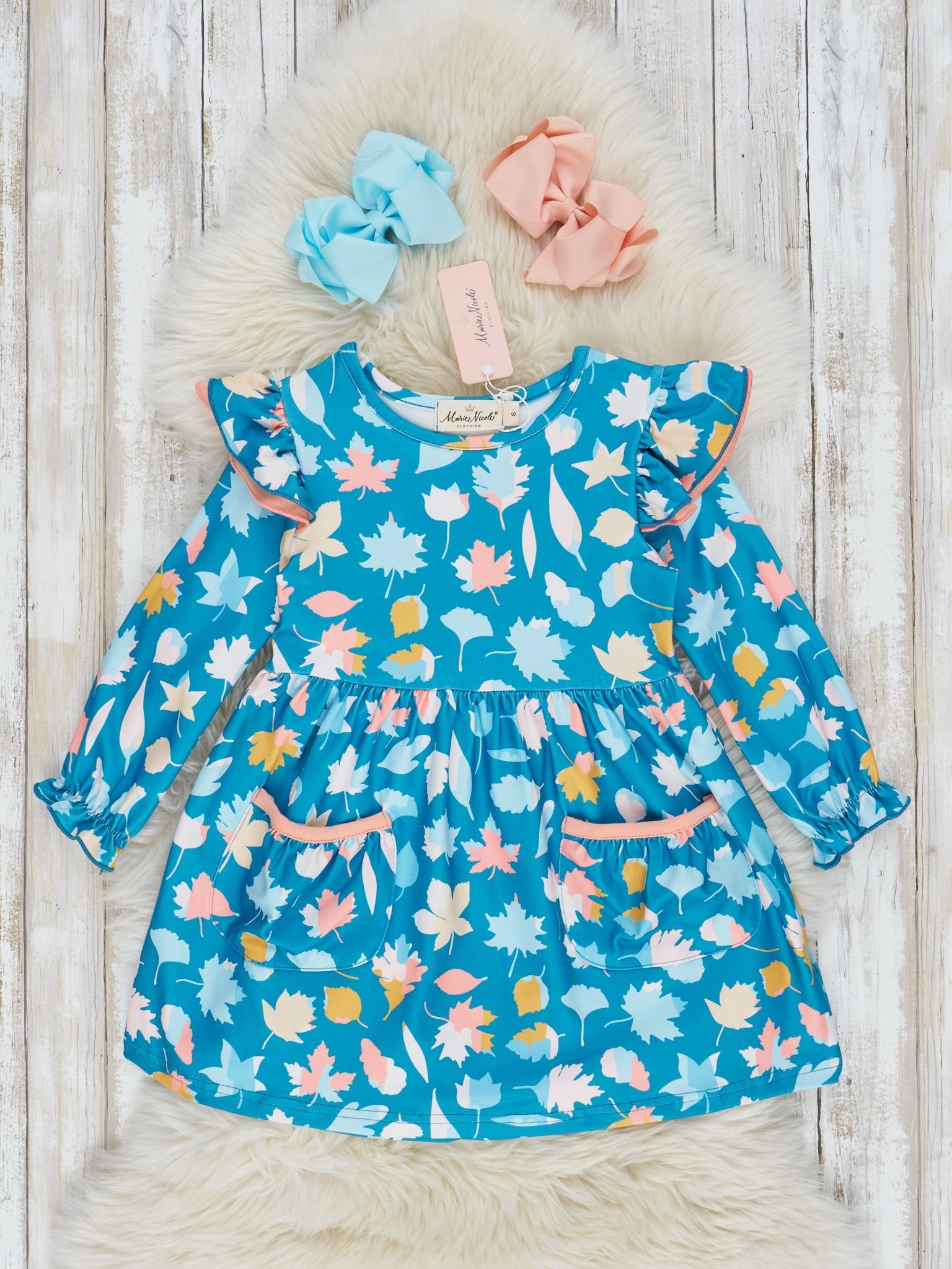 Teal & Coral Autumn Leaves Ruffle Dress - Marie Nicole Clothing