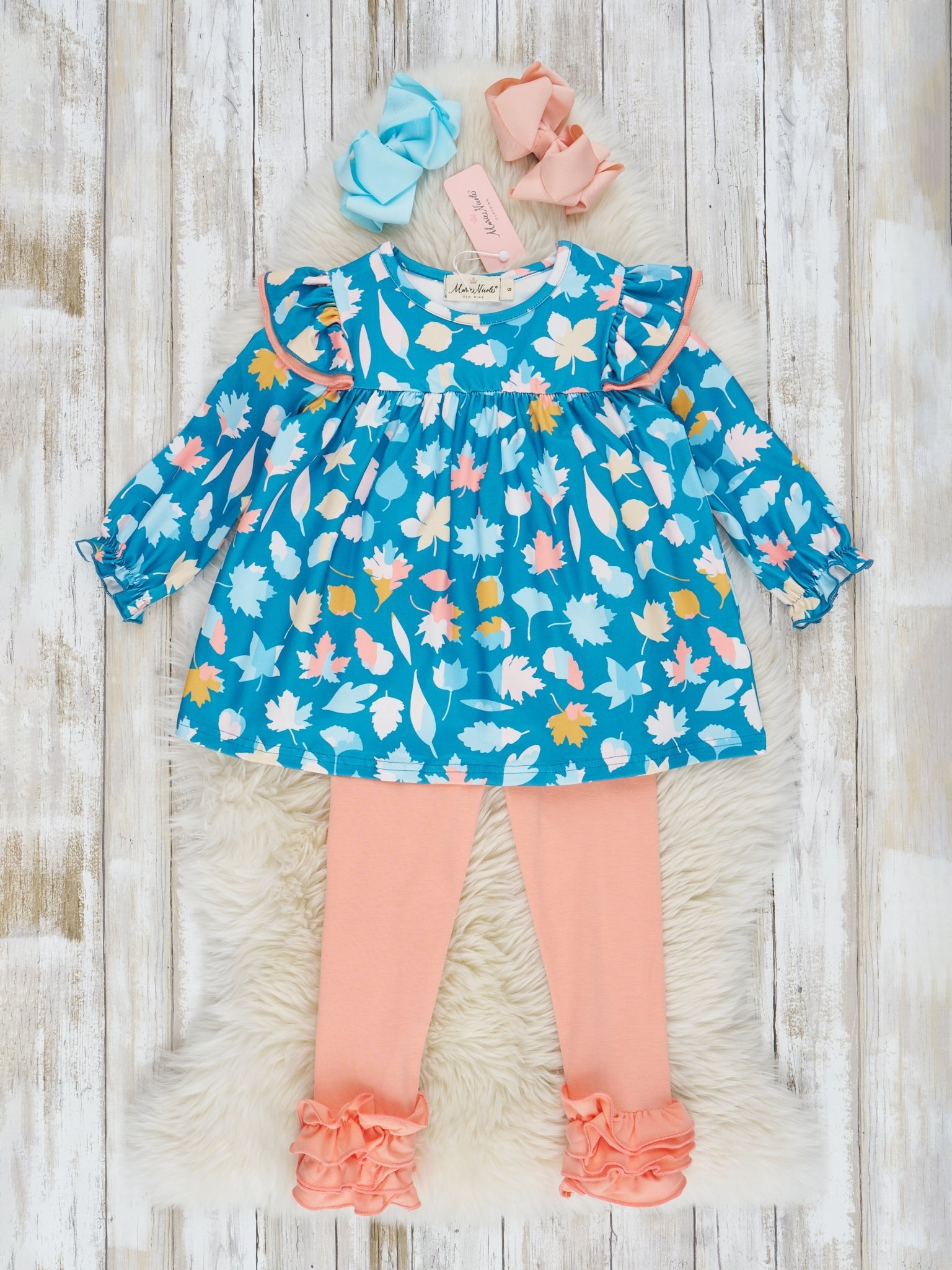 Teal & Coral Autumn Leaves Ruffle Outfit - Marie Nicole Clothing