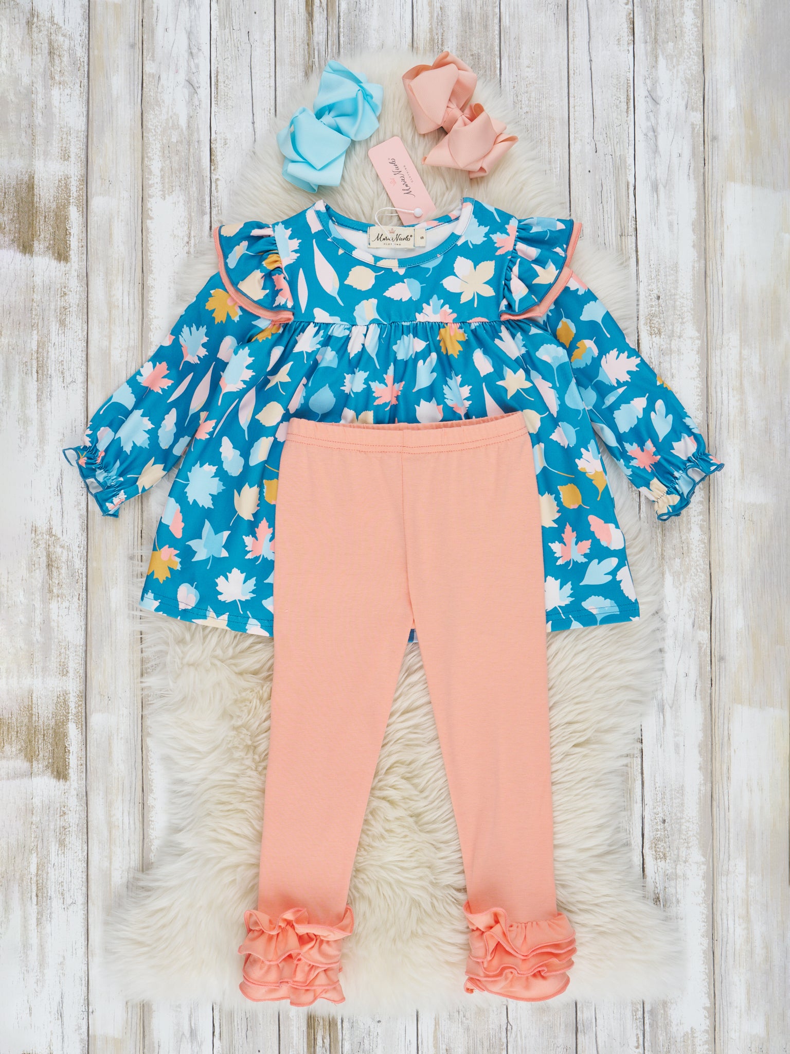 Teal & Coral Autumn Leaves Ruffle Outfit - Marie Nicole Clothing