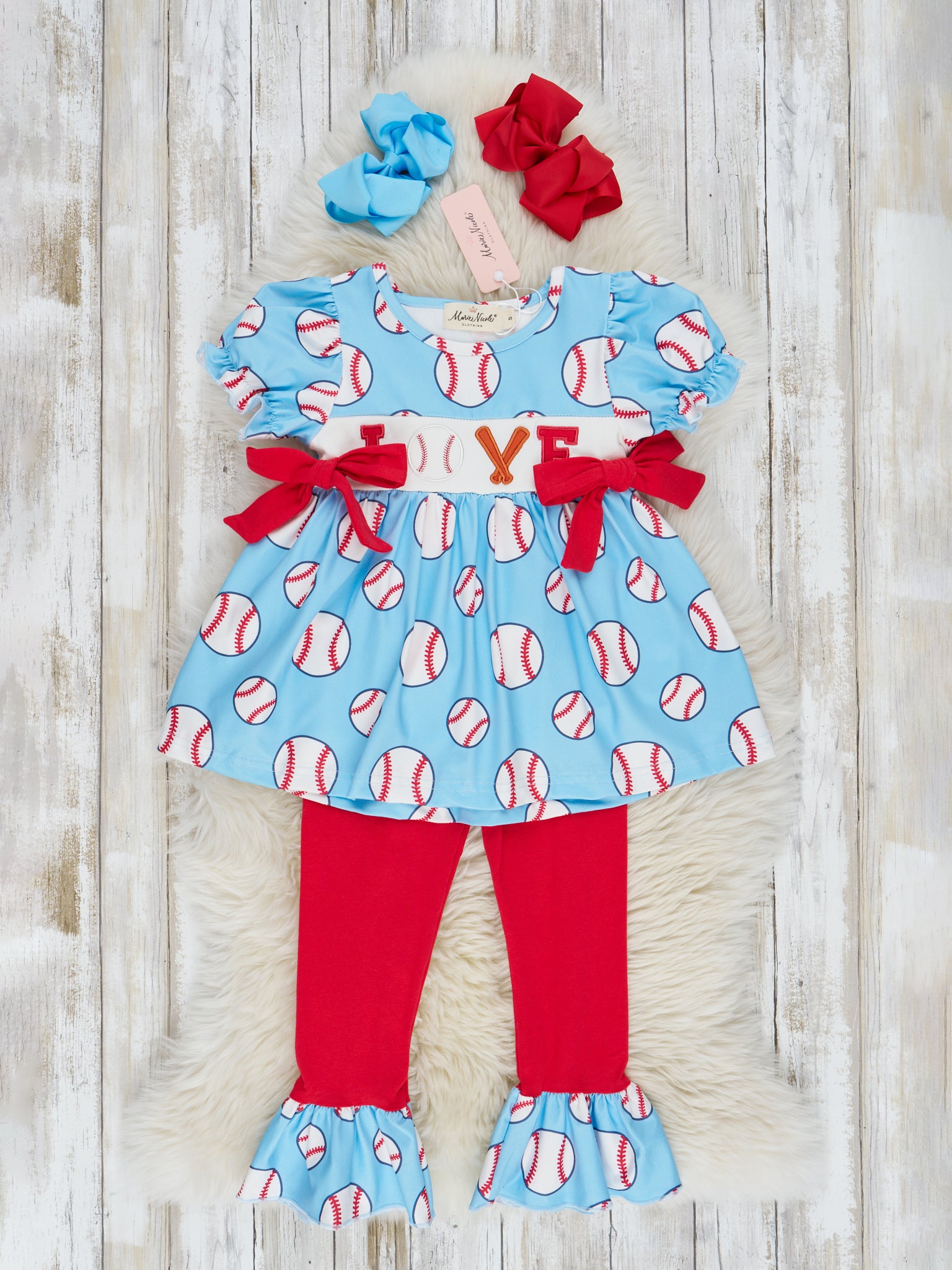 Light Blue & Ruby Bow Smocked Baseball Outfit - Marie Nicole Clothing