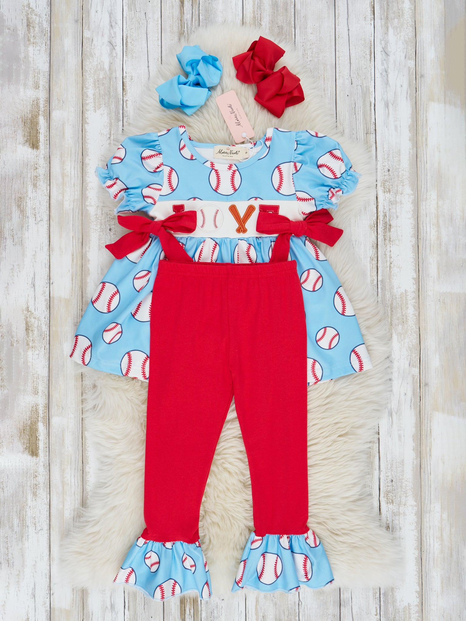 Light Blue & Ruby Bow Smocked Baseball Outfit - Marie Nicole Clothing