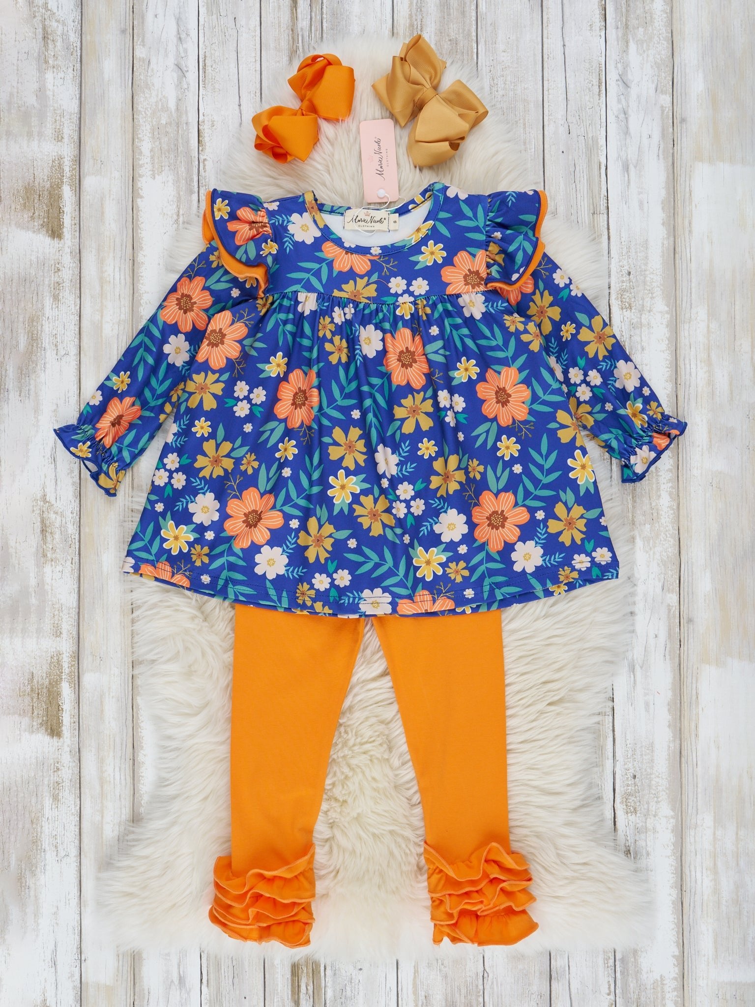 Tangerine & Blue Floral Ruffle Outfit - Marie Nicole Clothing