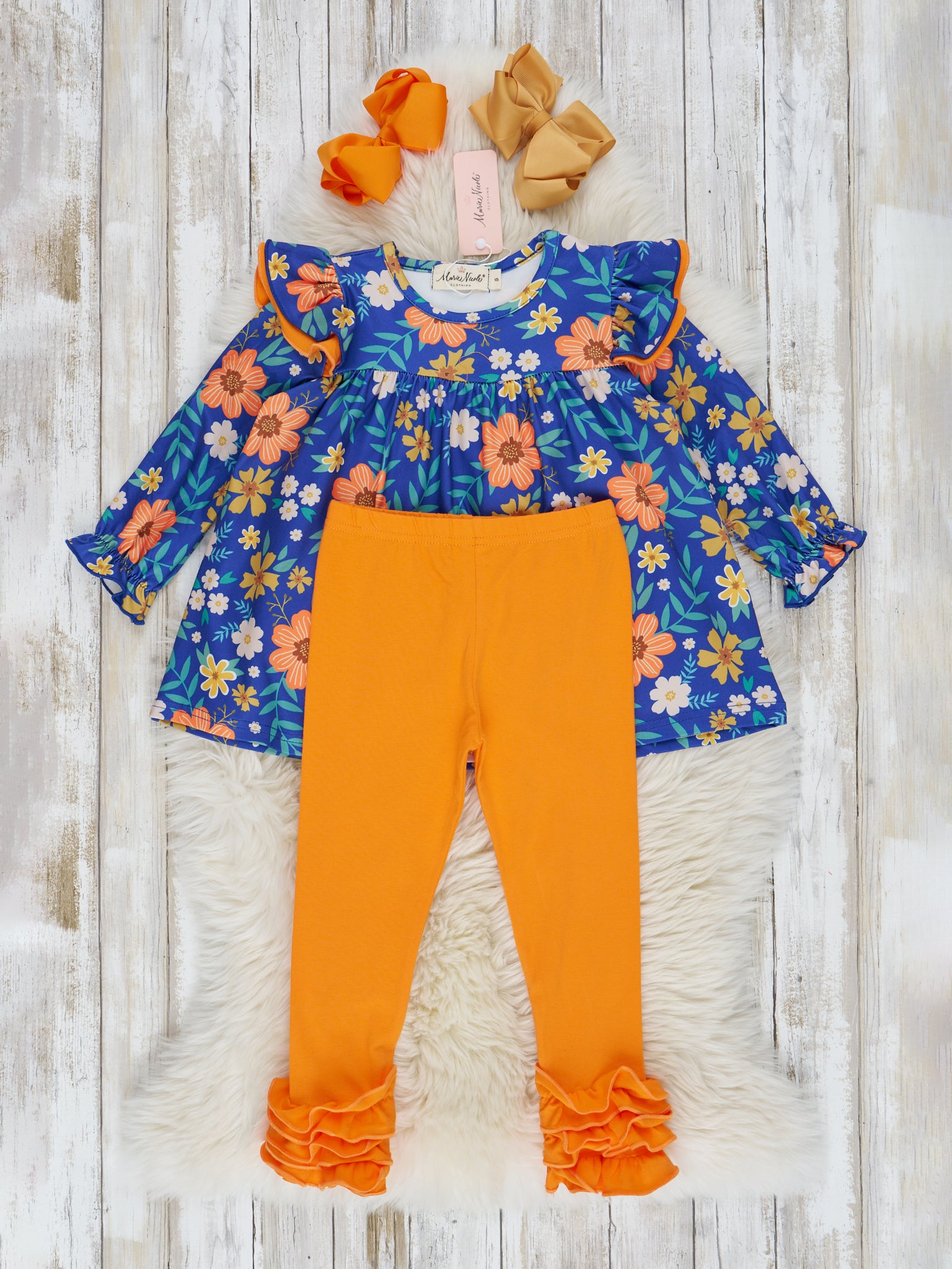 Tangerine & Blue Floral Ruffle Outfit - Marie Nicole Clothing