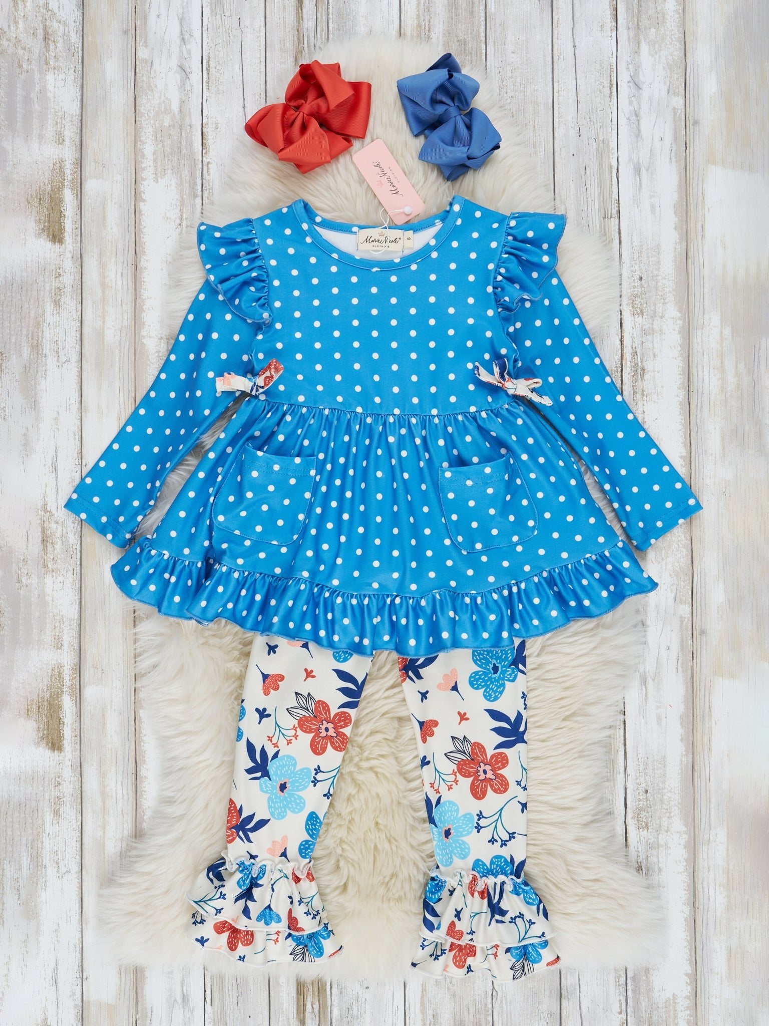 Blue Polka Dot & Floral Ruffle Outfit - Marie Nicole Clothing