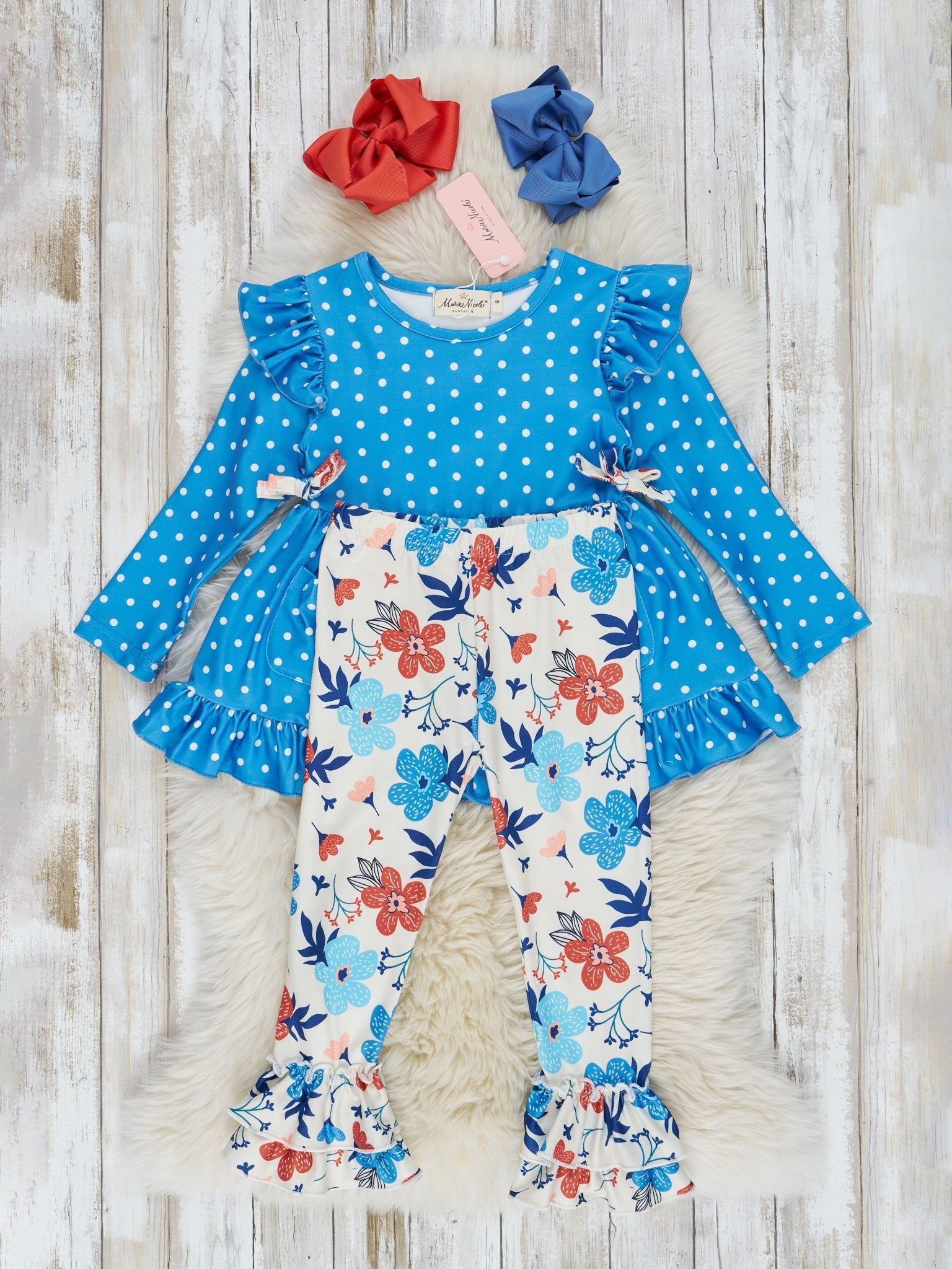 Blue Polka Dot & Floral Ruffle Outfit - Marie Nicole Clothing