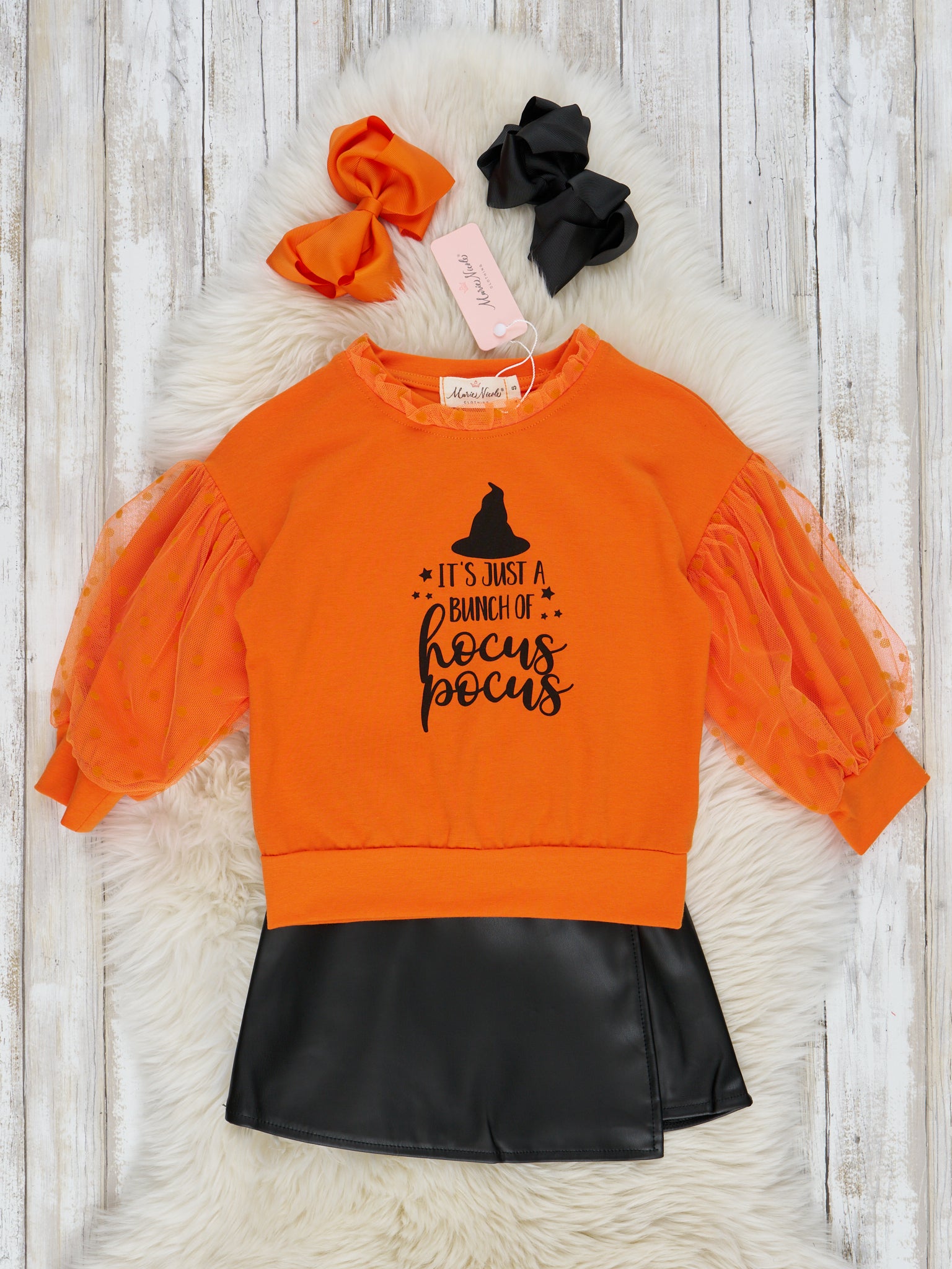 Orange "Just A Bunch of Hocus Pocus" Swiss Dot Top & Leather Skirt Set - Marie Nicole Clothing