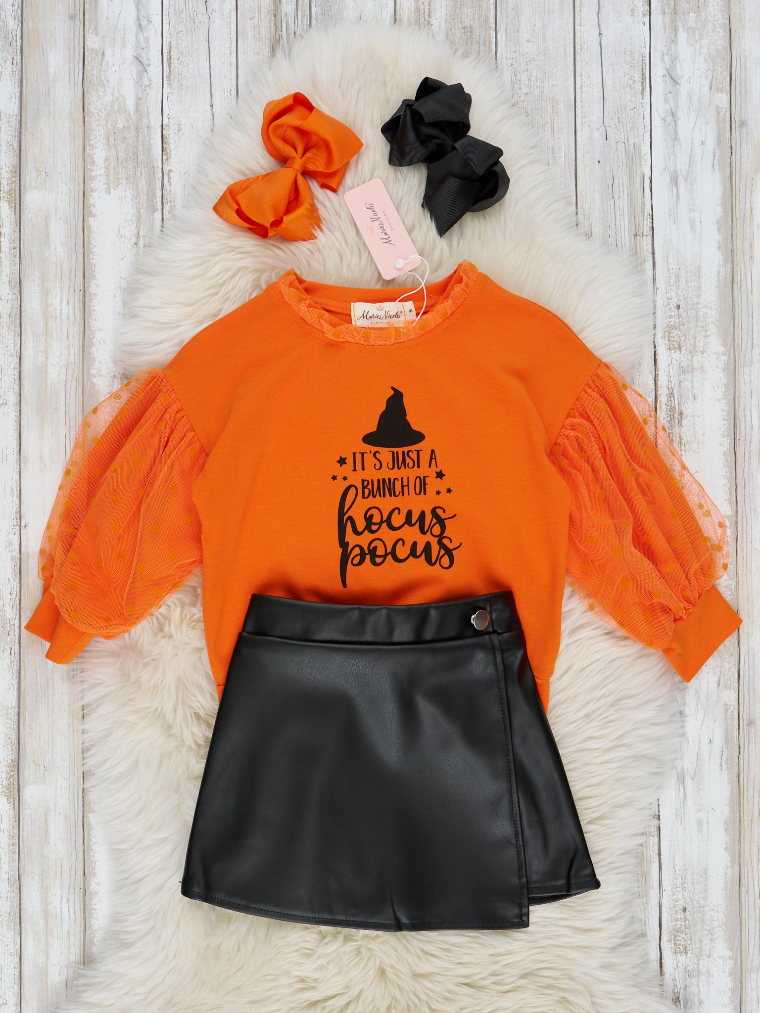 Orange "Just A Bunch of Hocus Pocus" Swiss Dot Top & Leather Skirt Set - Marie Nicole Clothing