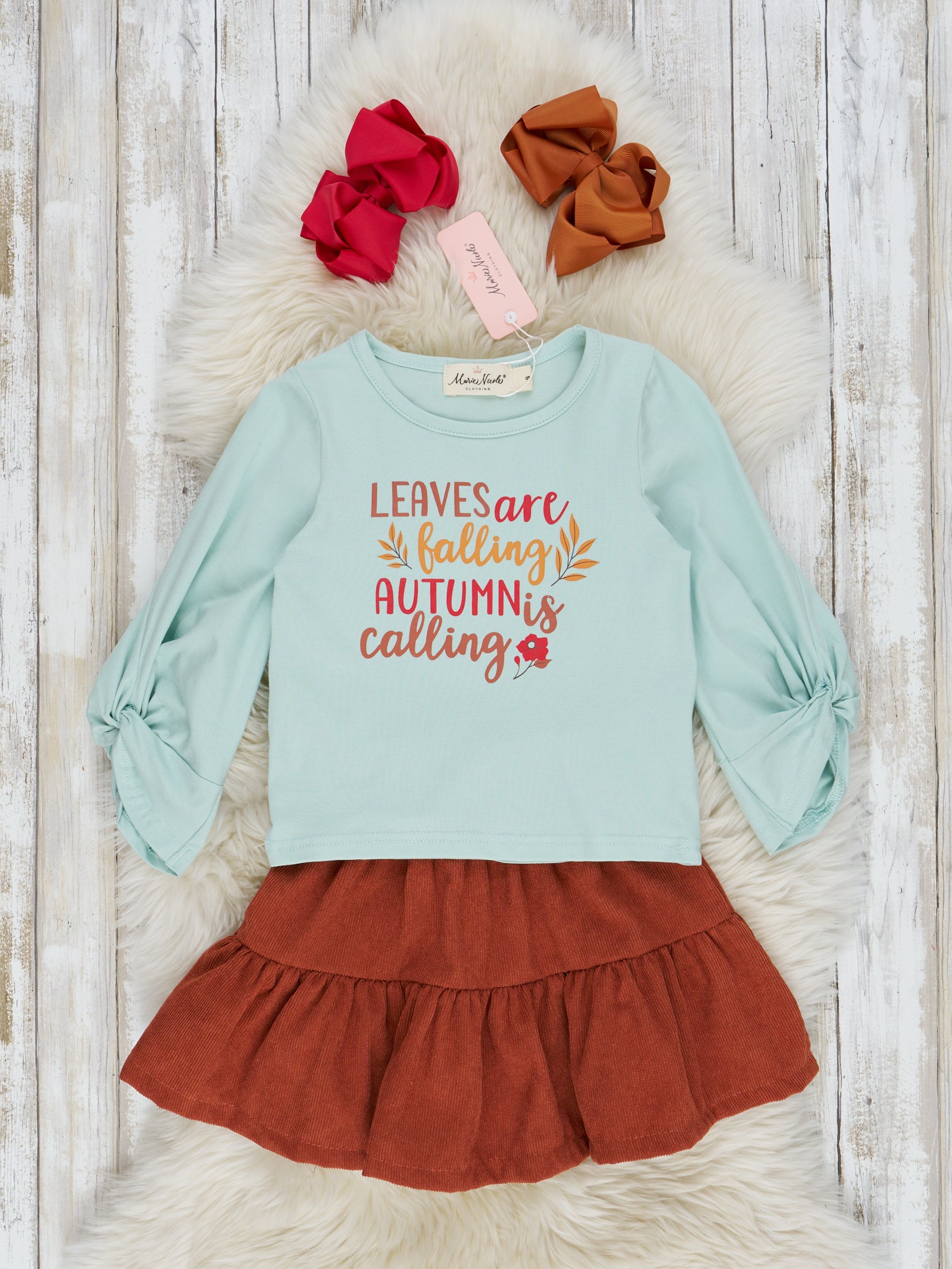 Mint & Brown Autumn Leaves Outfit - Marie Nicole Clothing