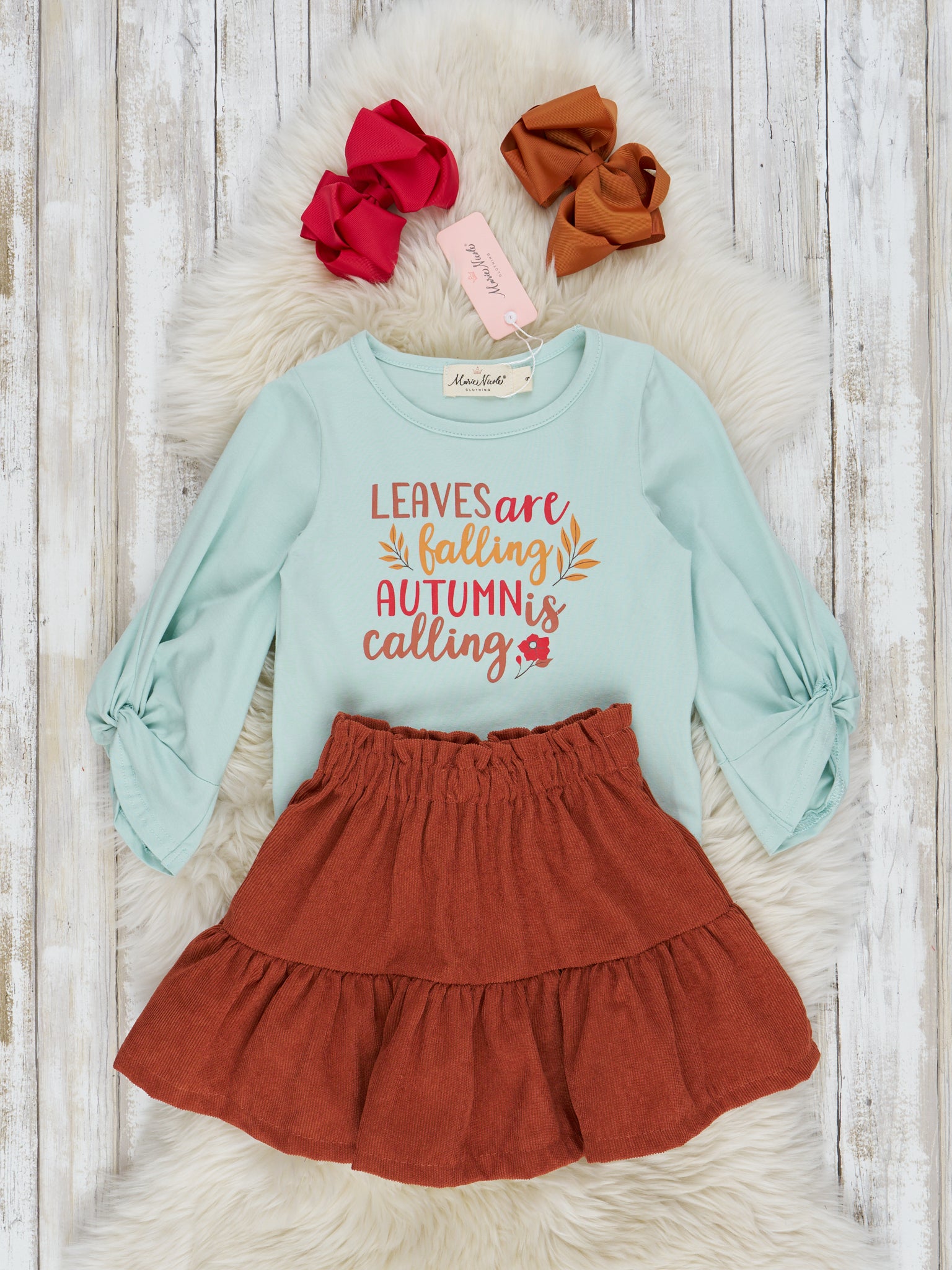Mint & Brown Autumn Leaves Outfit - Marie Nicole Clothing