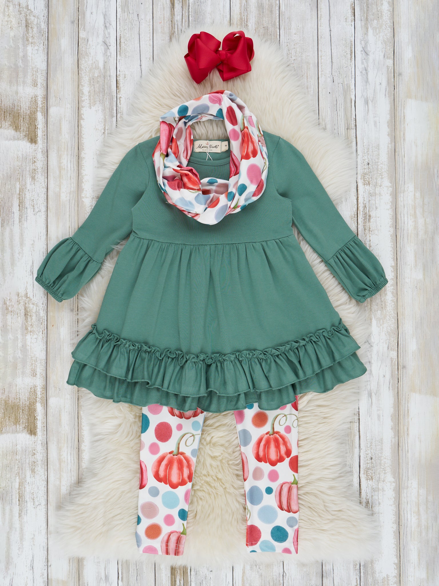 Hunter Green & Orange Pumpkin Ruffle Outfit - Marie Nicole Clothing