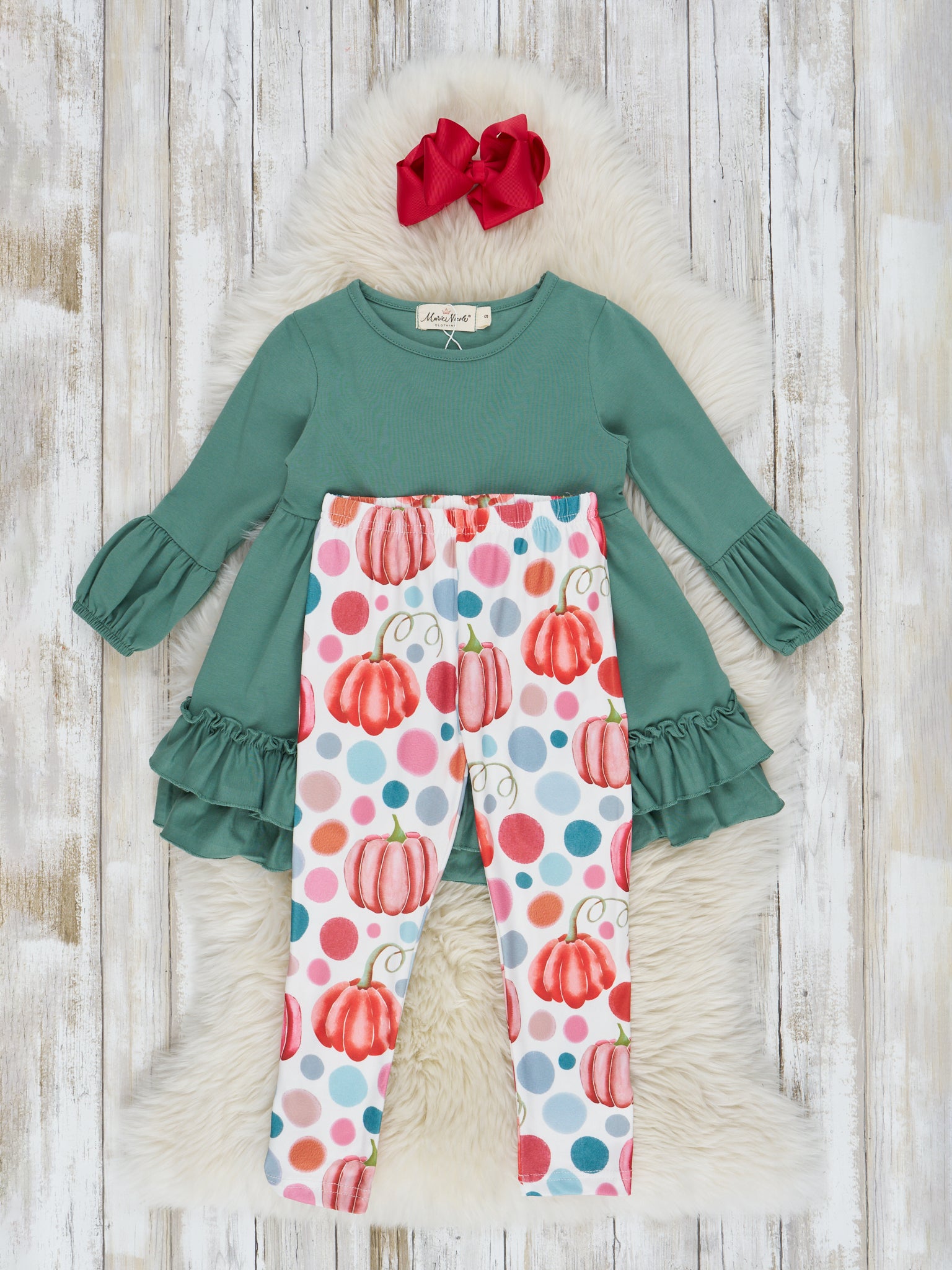 Hunter Green & Orange Pumpkin Ruffle Outfit - Marie Nicole Clothing