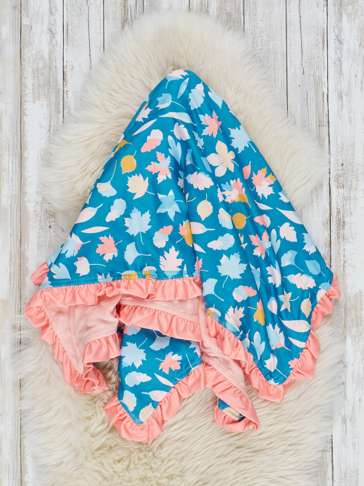 Teal & Coral Autumn Leaves Ruffle Minky Blanket - Marie Nicole Clothing