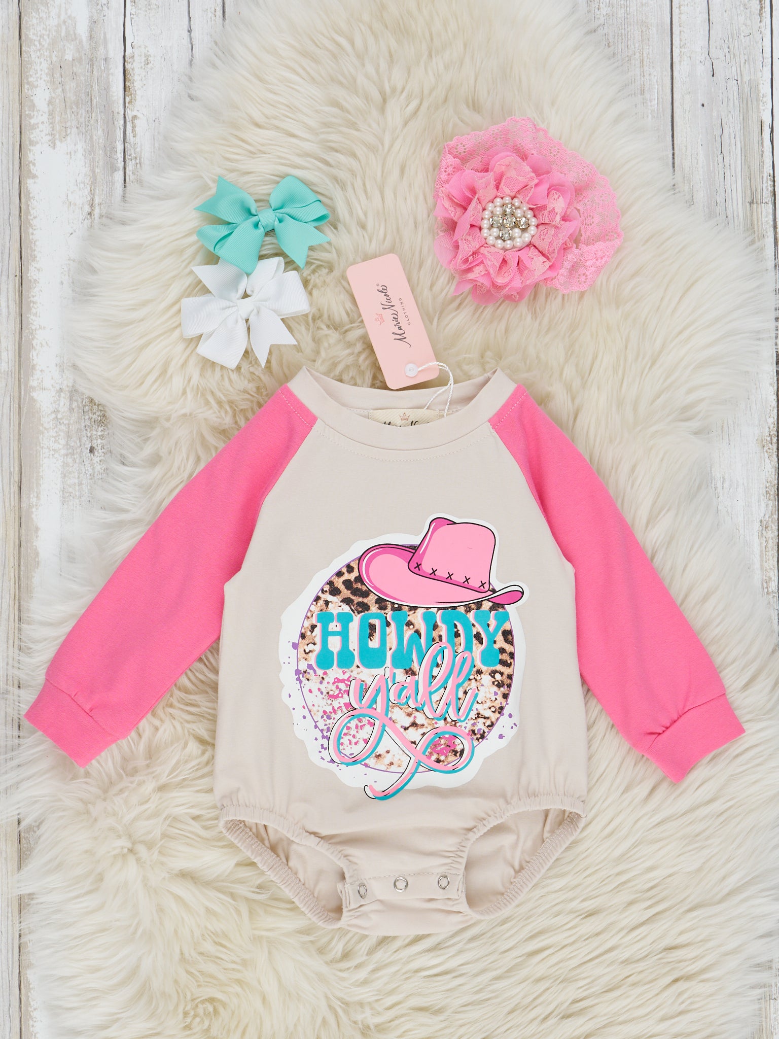 Tan & Pink Leopard Cowgirl Raglan Bubble Romper - Marie Nicole Clothing