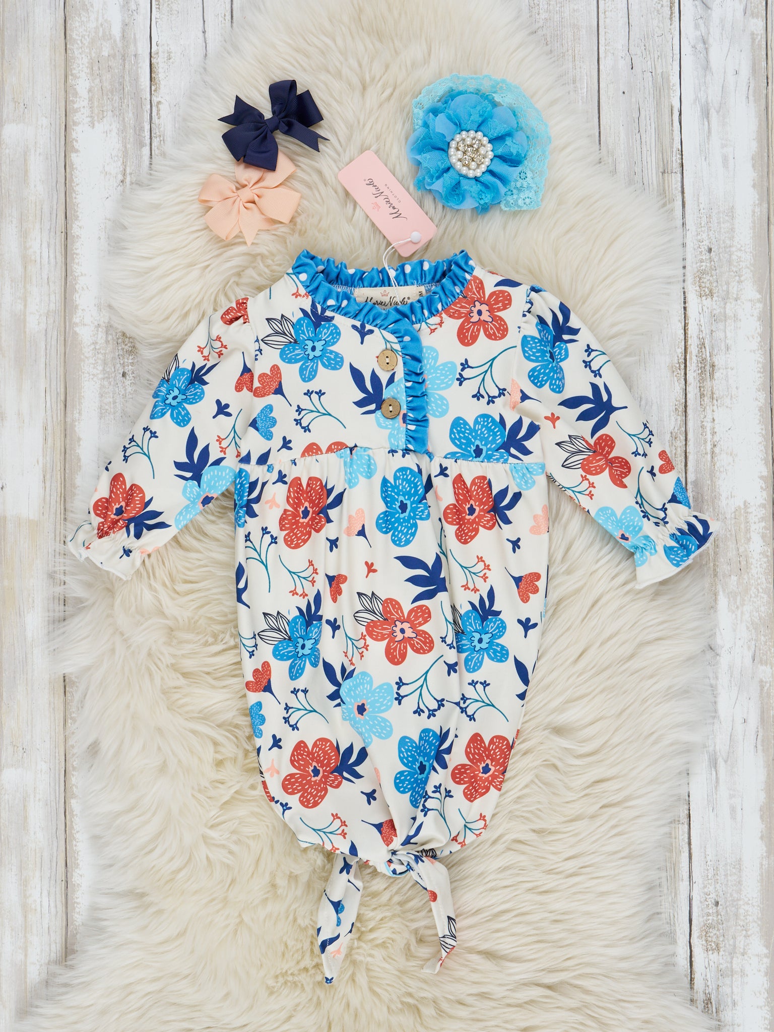 Blue Polka Dot & Floral Knot Gown - Marie Nicole Clothing