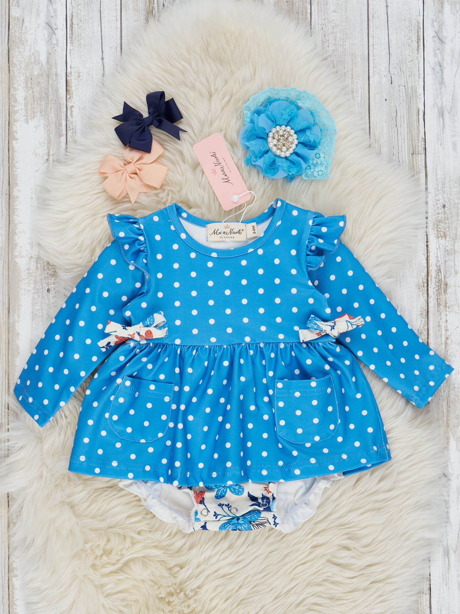 Blue Polka Dot & Floral Ruffle Bubble Romper - Marie Nicole Clothing