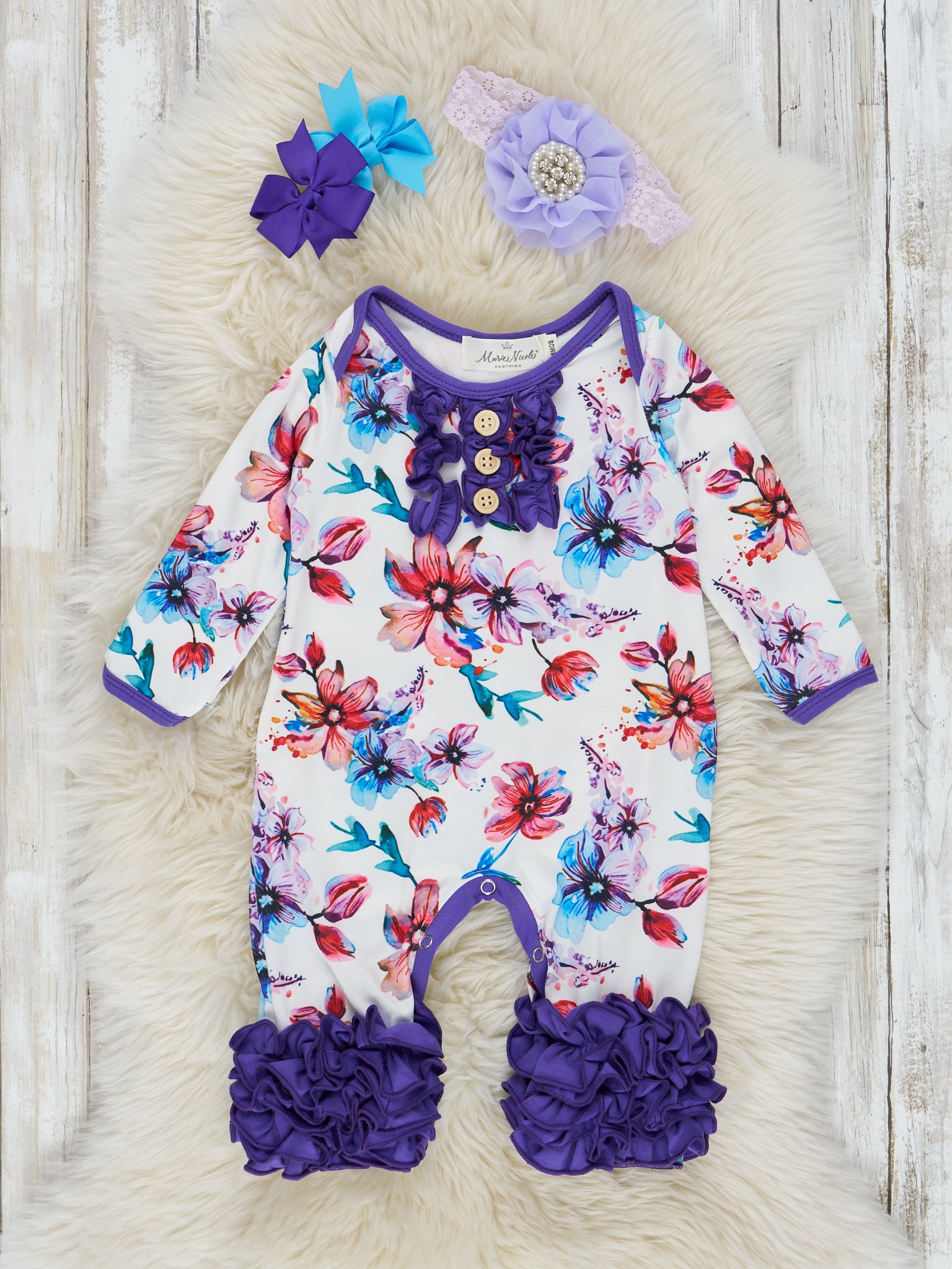 Violet Watercolor Orchids Icing Romper - Long Sleeve - Marie Nicole Clothing