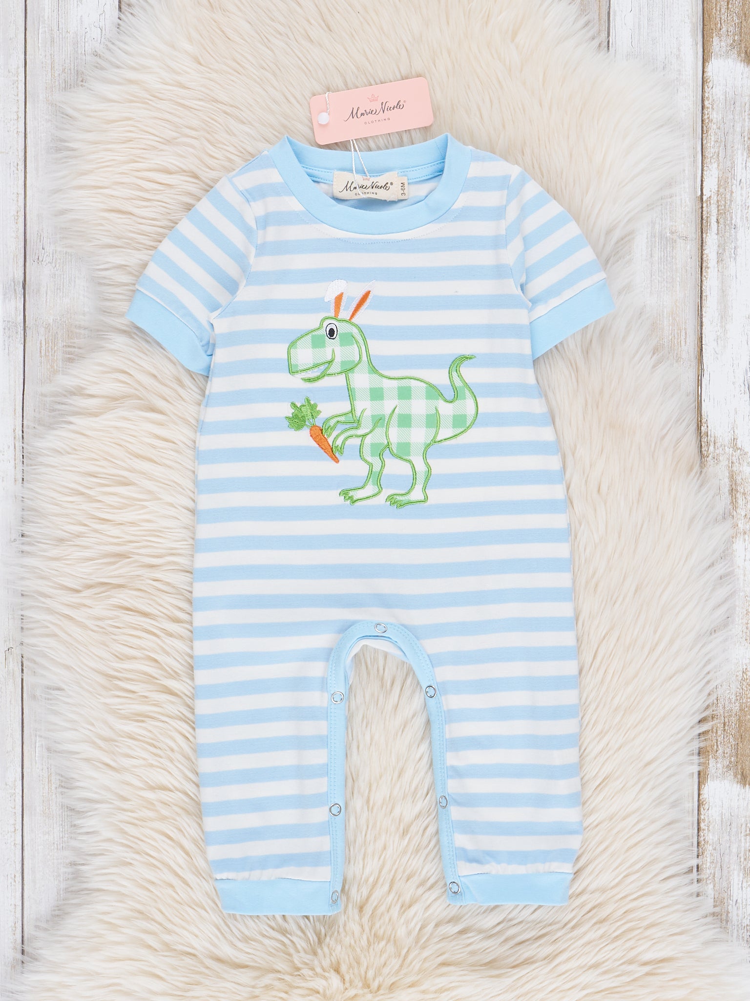 Blue & Green Gingham Embroidered T - Rex Romper - Marie Nicole Clothing