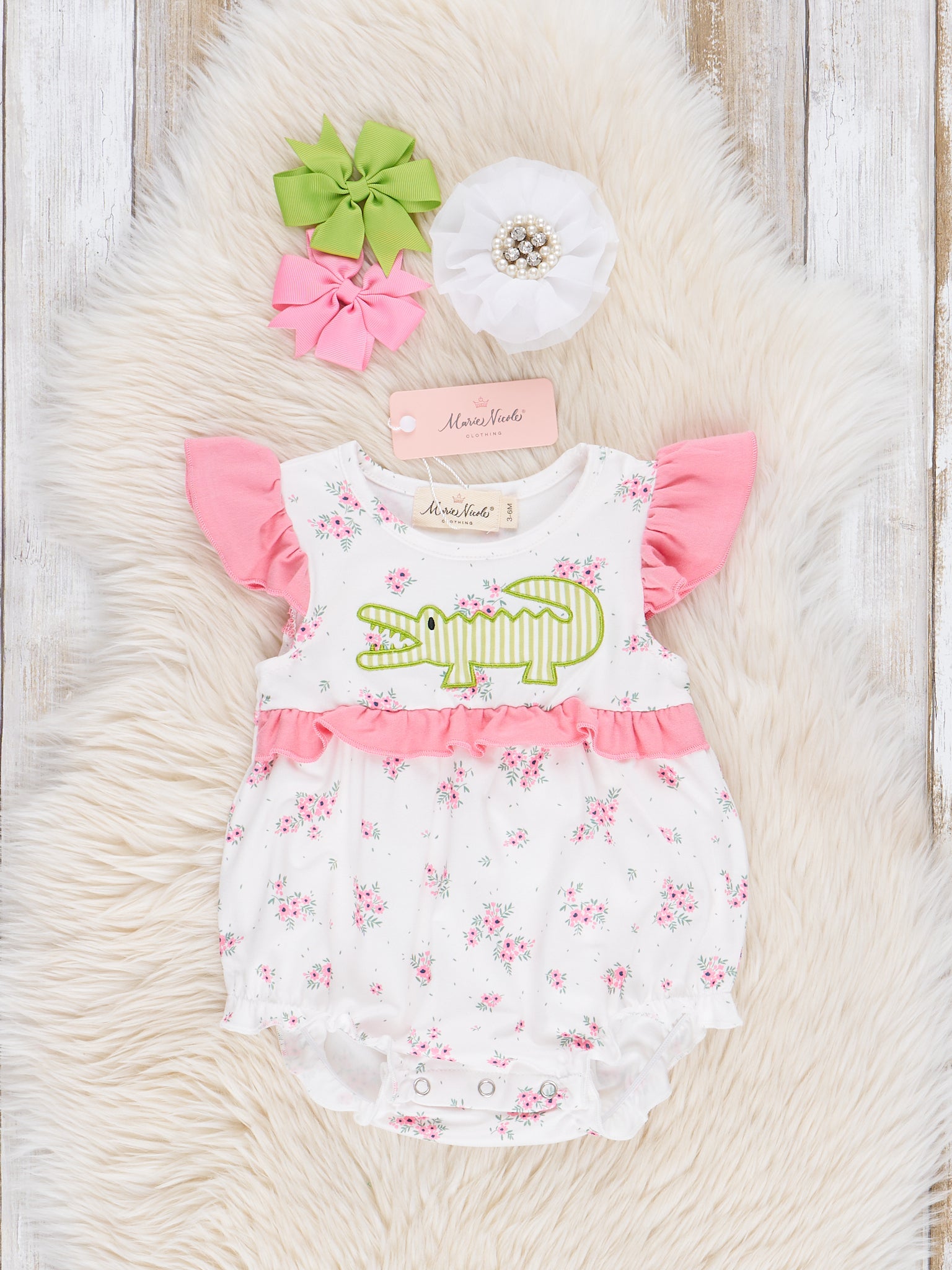 Pink Floral Embroidered Crocodile Ruffle Bubble Romper - Marie Nicole Clothing