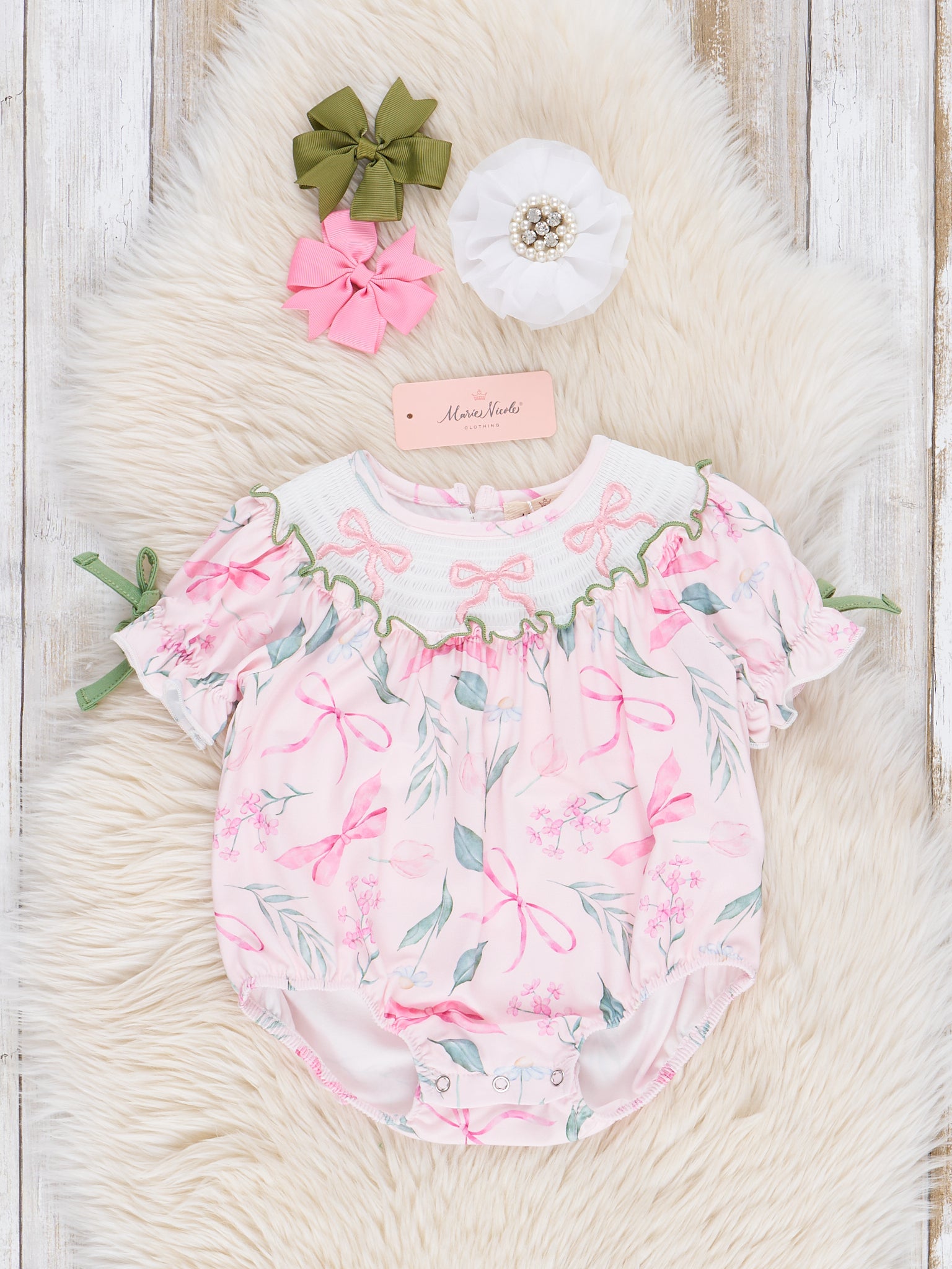 Pink & Green Smocked Bows Bubble Romper - Marie Nicole Clothing