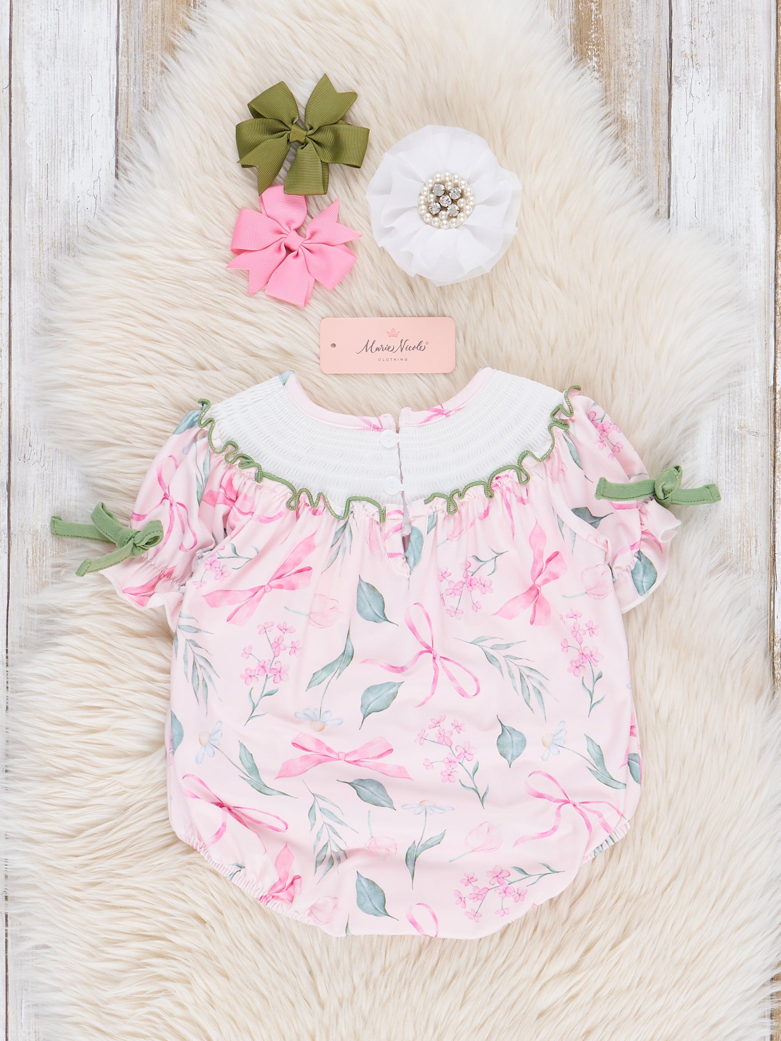 Pink & Green Smocked Bows Bubble Romper - Marie Nicole Clothing