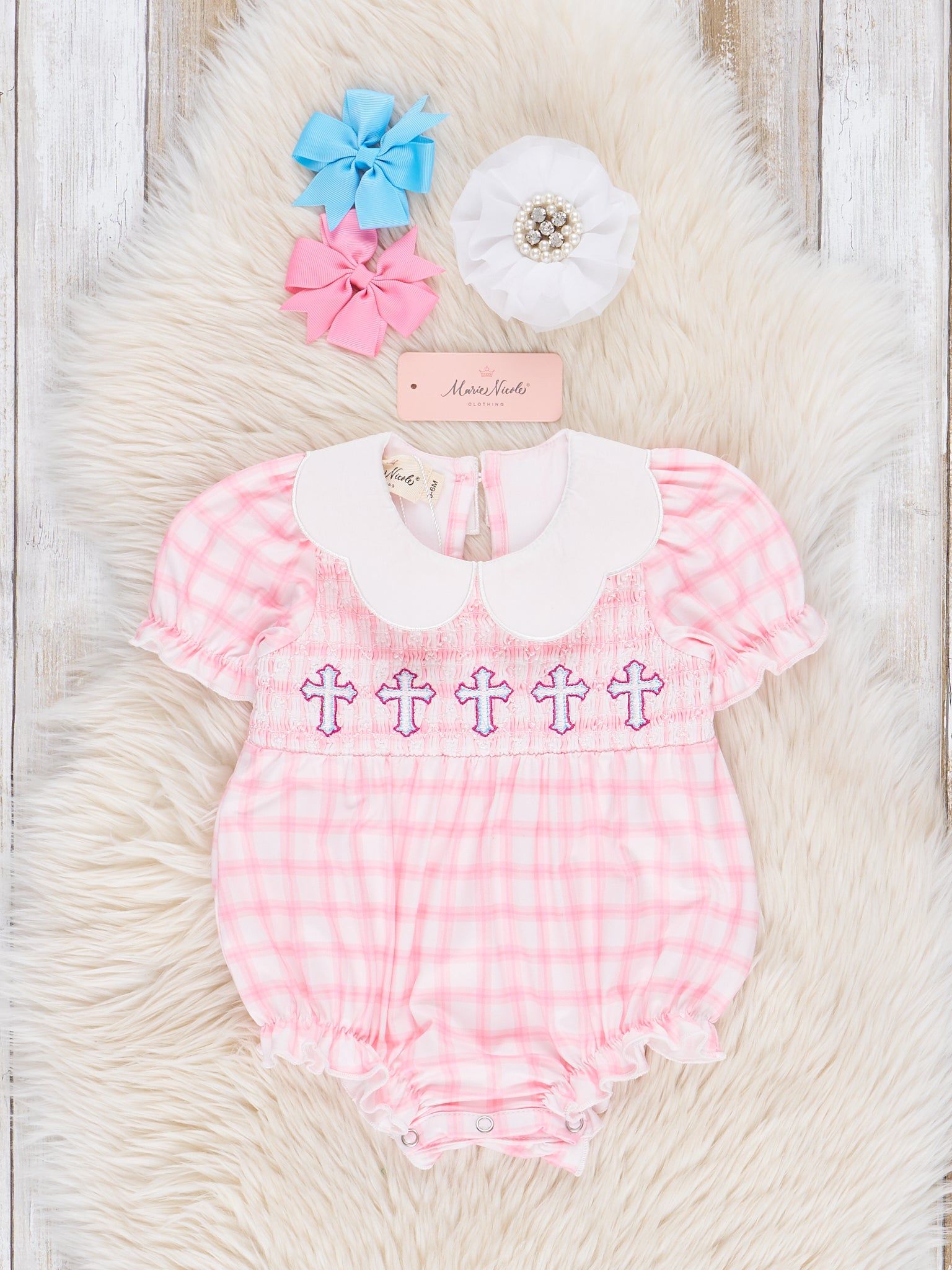 Pink Smocked Crosses Ruffle Bubble Romper - Marie Nicole Clothing