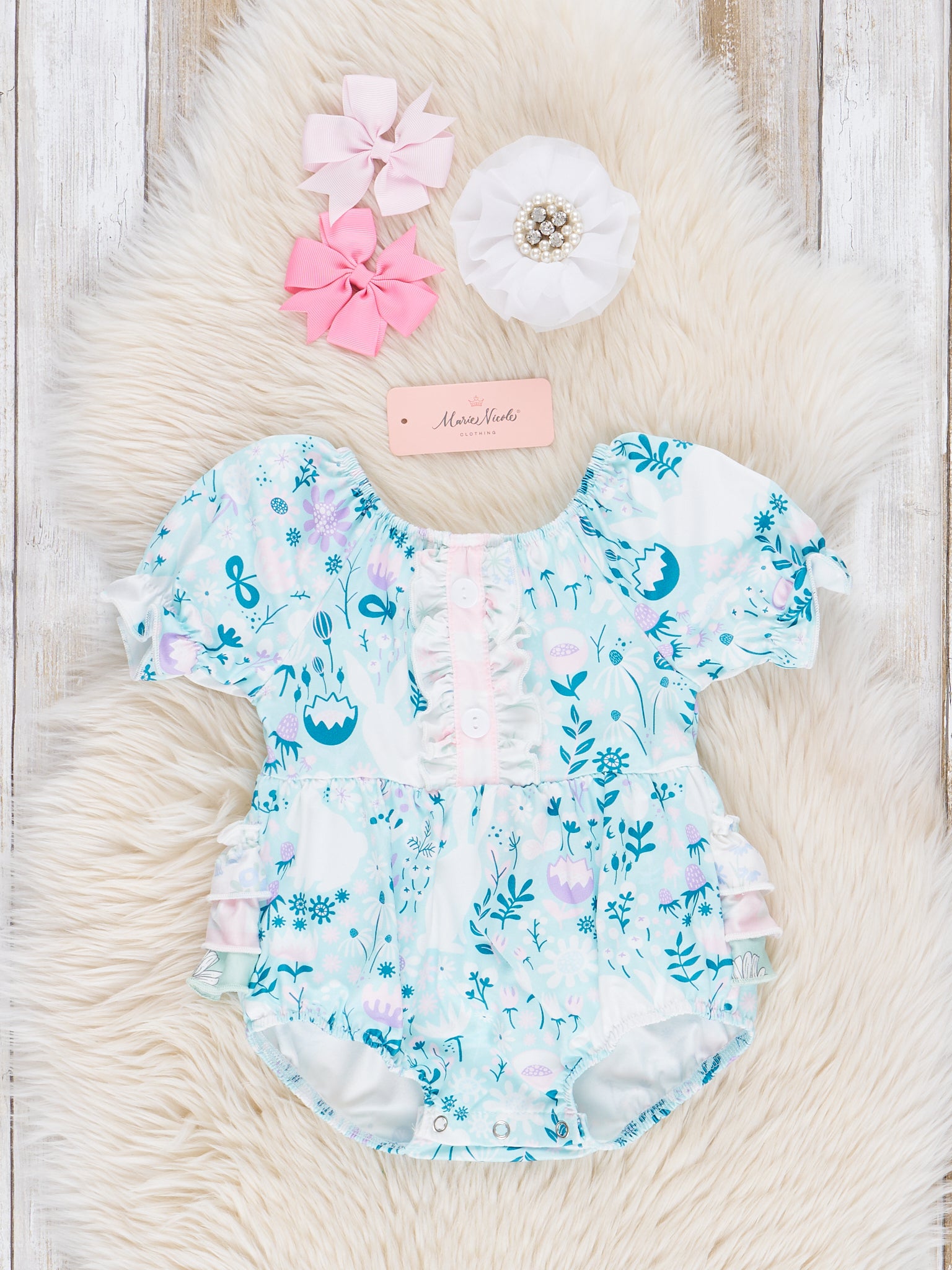 Teal Garden Ruffle Bubble Romper - Marie Nicole Clothing