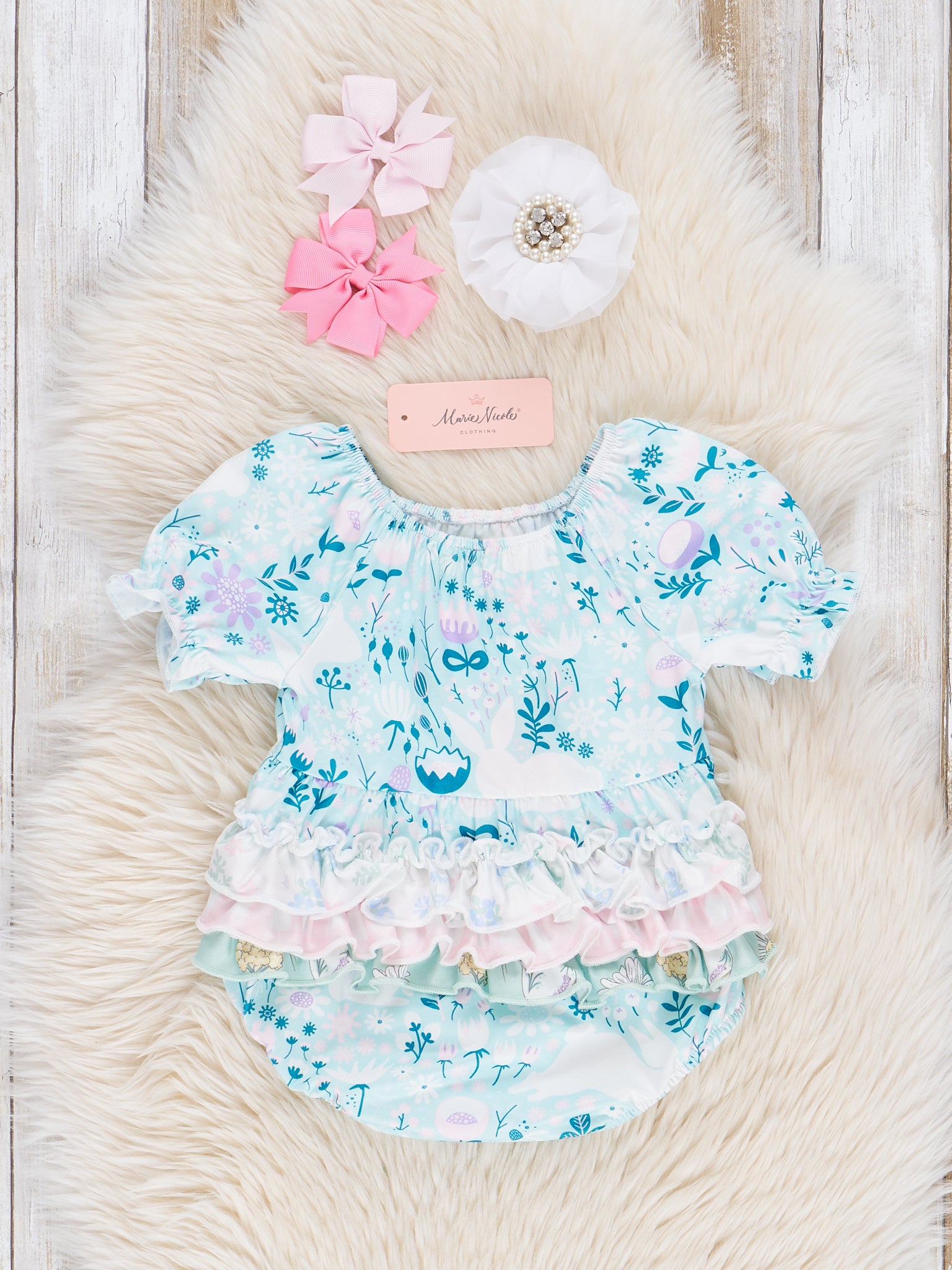Teal Garden Ruffle Bubble Romper - Marie Nicole Clothing