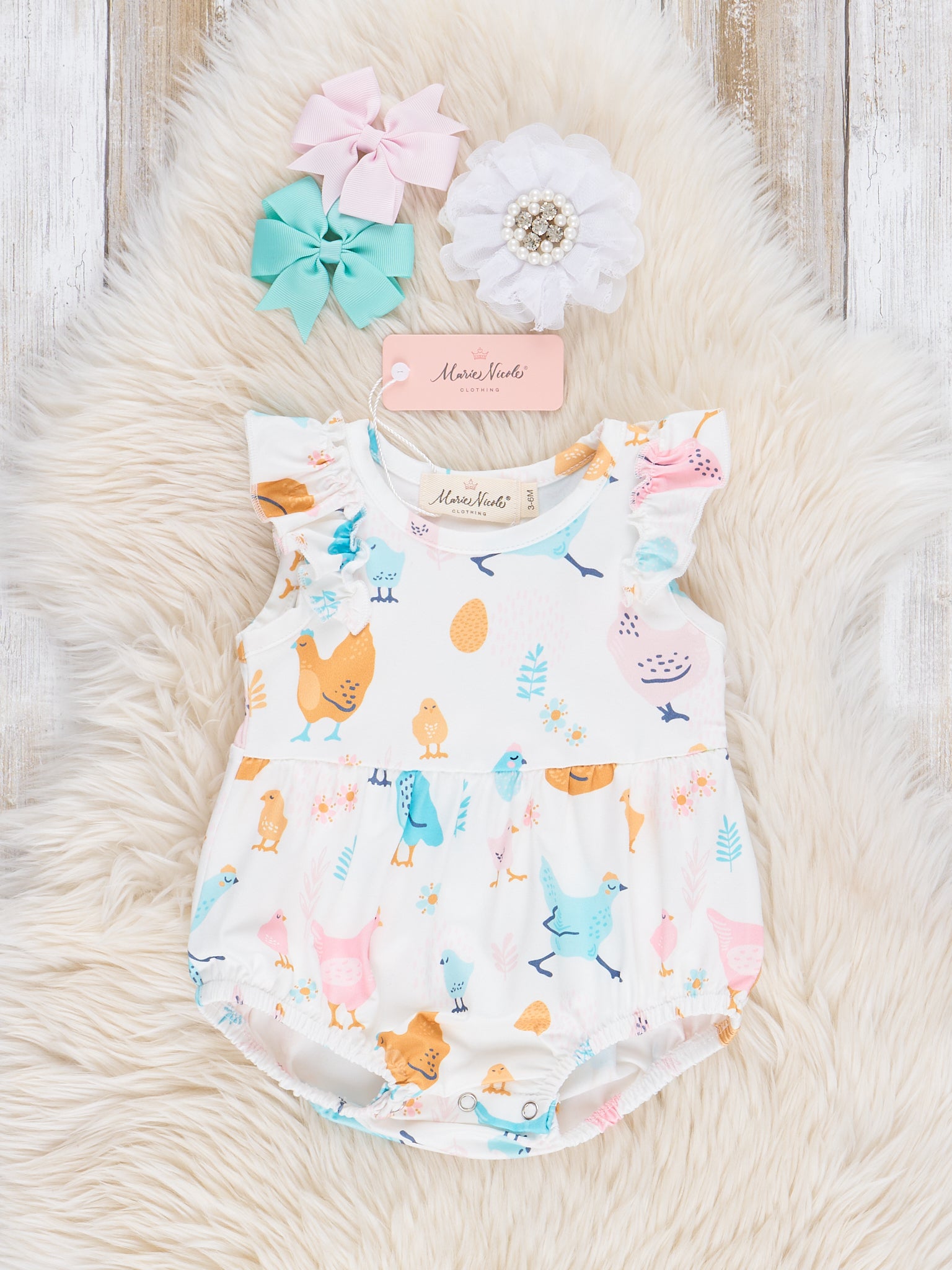 Bright Chicken Ruffle Bubble Romper - Marie Nicole Clothing