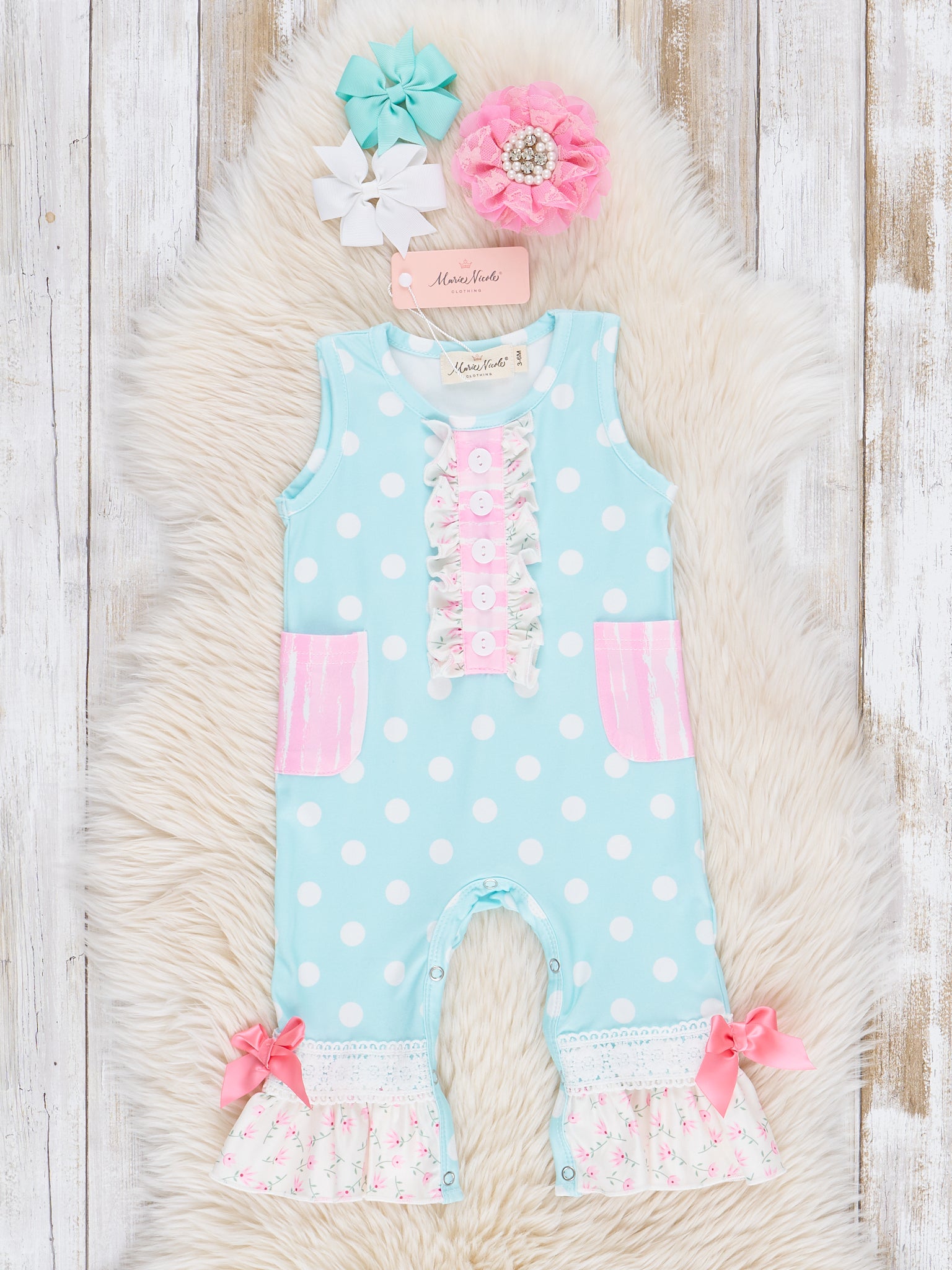 Sky Blue Polka Dot Ruffle Romper - Marie Nicole Clothing
