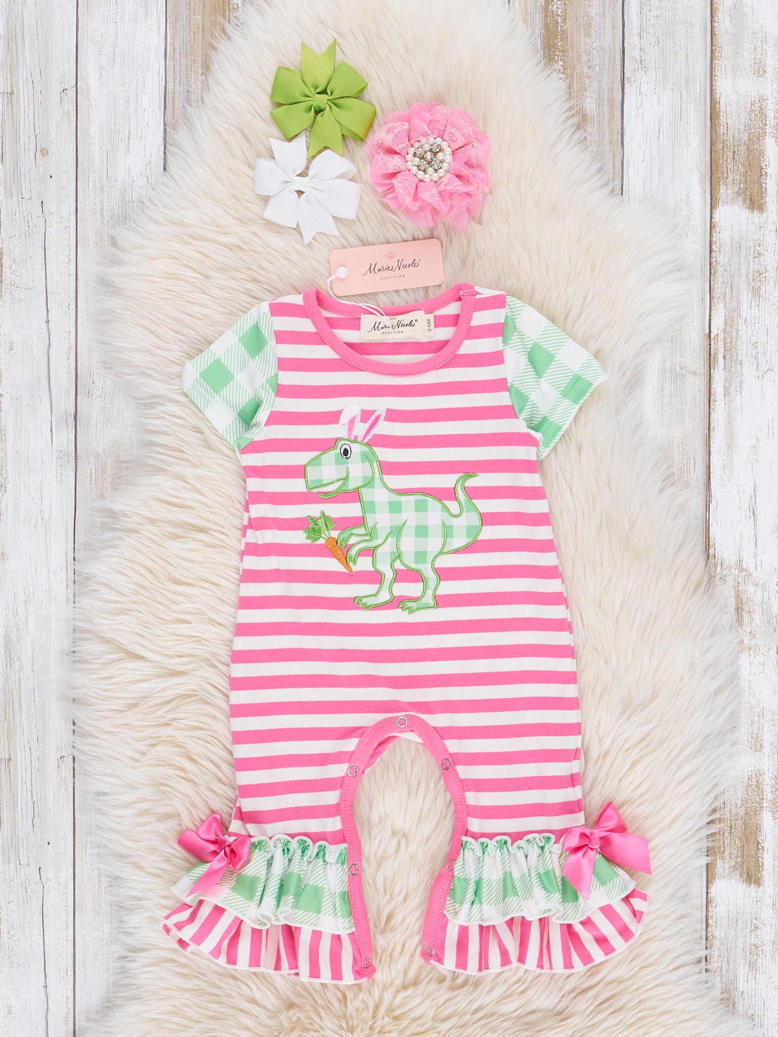 Pink & Green Gingham Embroidered T - Rex Ruffle Romper - Marie Nicole Clothing