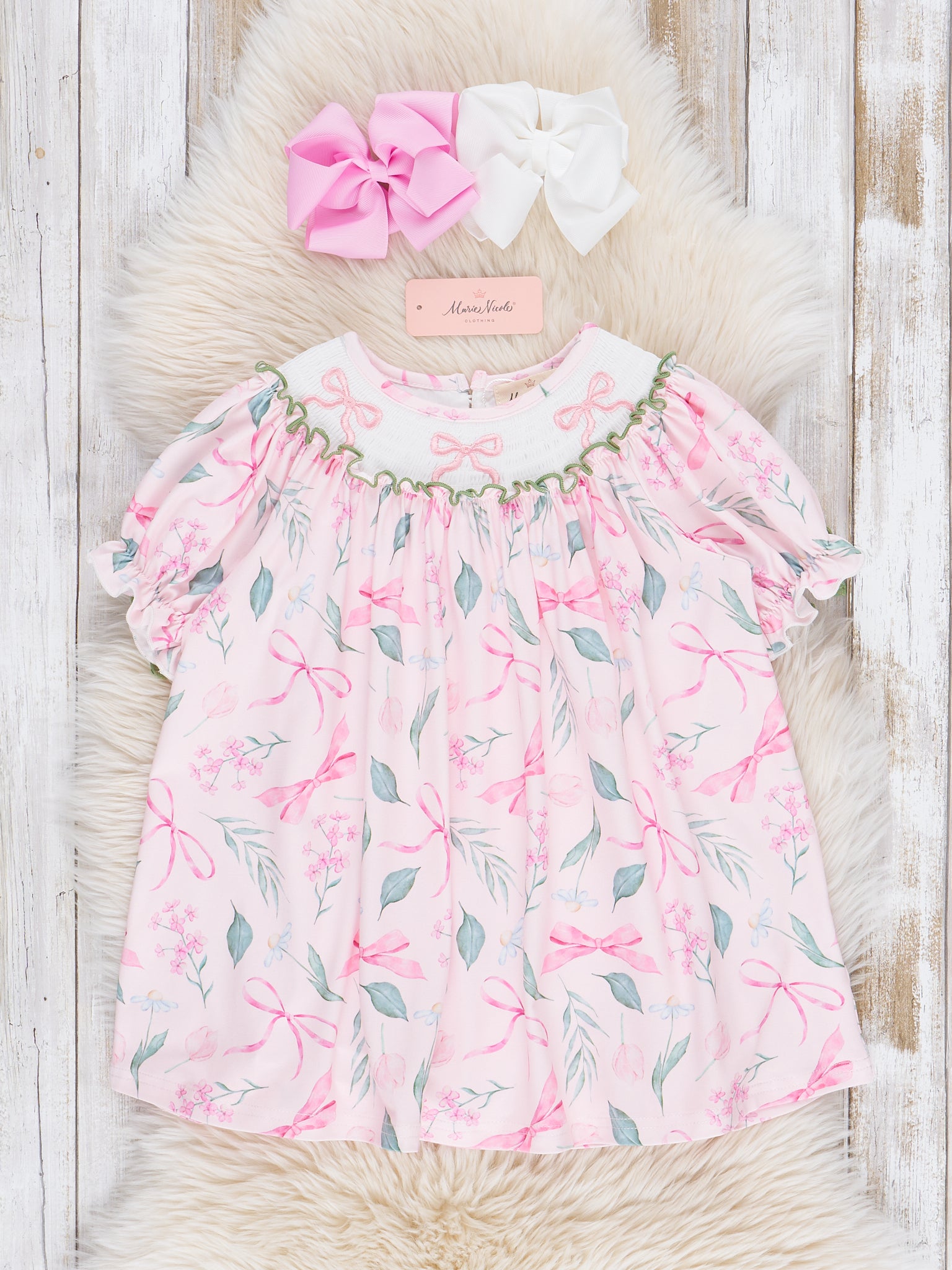Pink & Green Smocked Bows Dress - Marie Nicole Clothing
