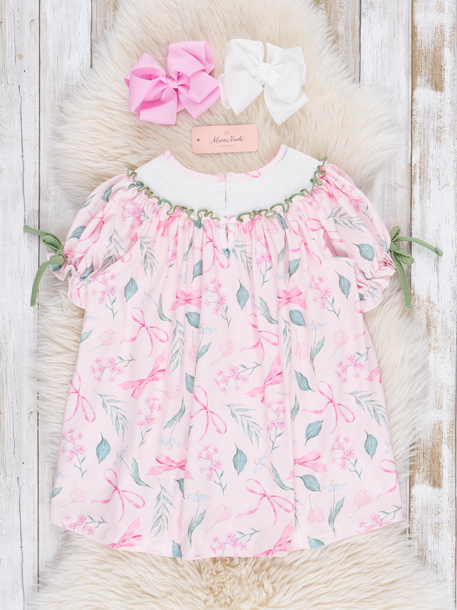 Pink & Green Smocked Bows Dress - Marie Nicole Clothing