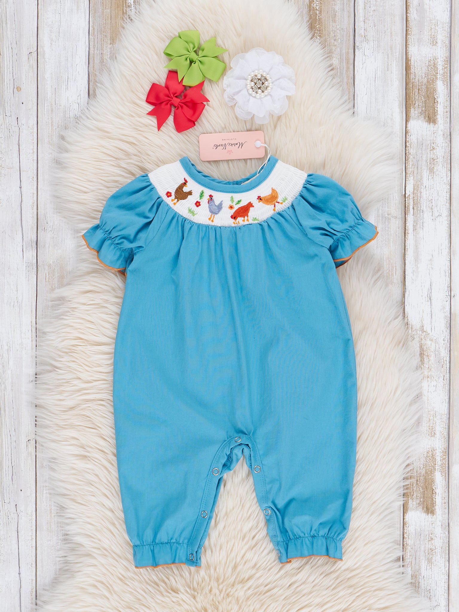 Turquoise Smocked Chicken Romper - Marie Nicole Clothing