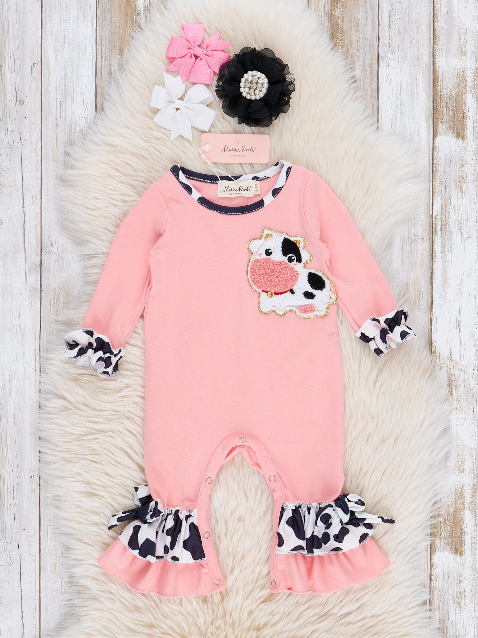Coral Chenille Cow Ruffle Romper - Marie Nicole Clothing