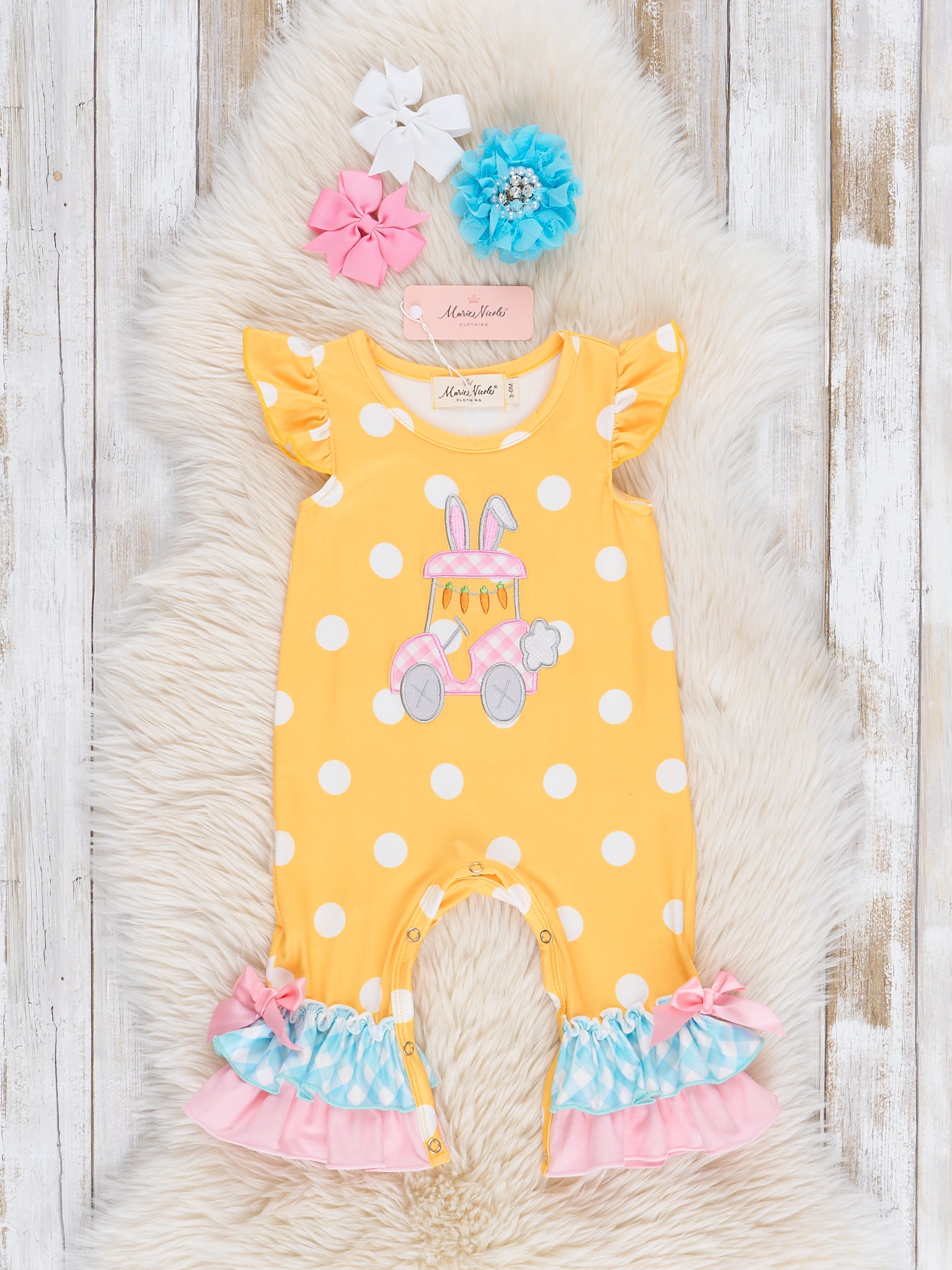 Yellow Embroidered Bunny Car Polka Dot Ruffle Romper - Marie Nicole Clothing