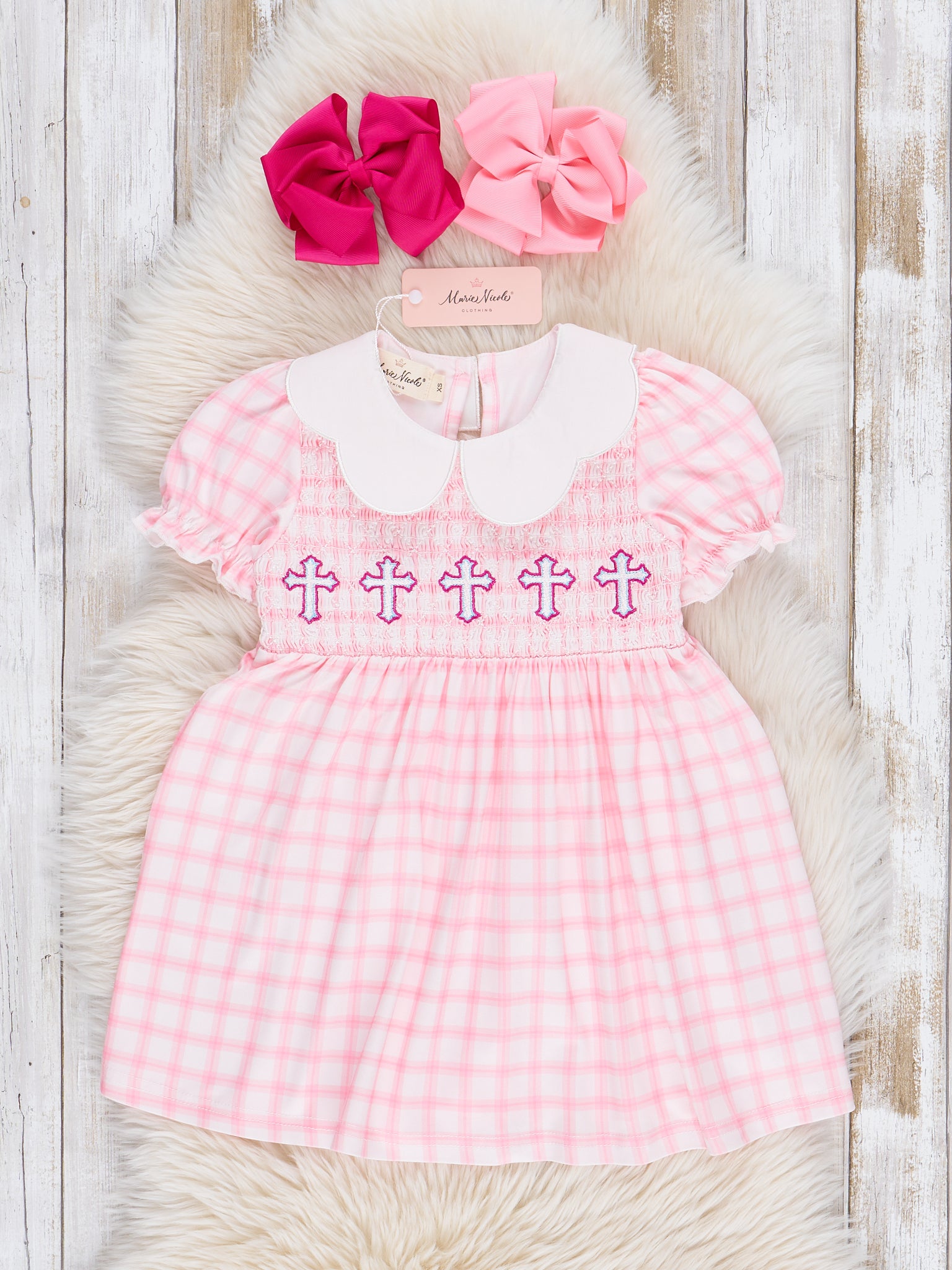 Pink Smocked Crosses Ruffle Dress - Marie Nicole Clothing