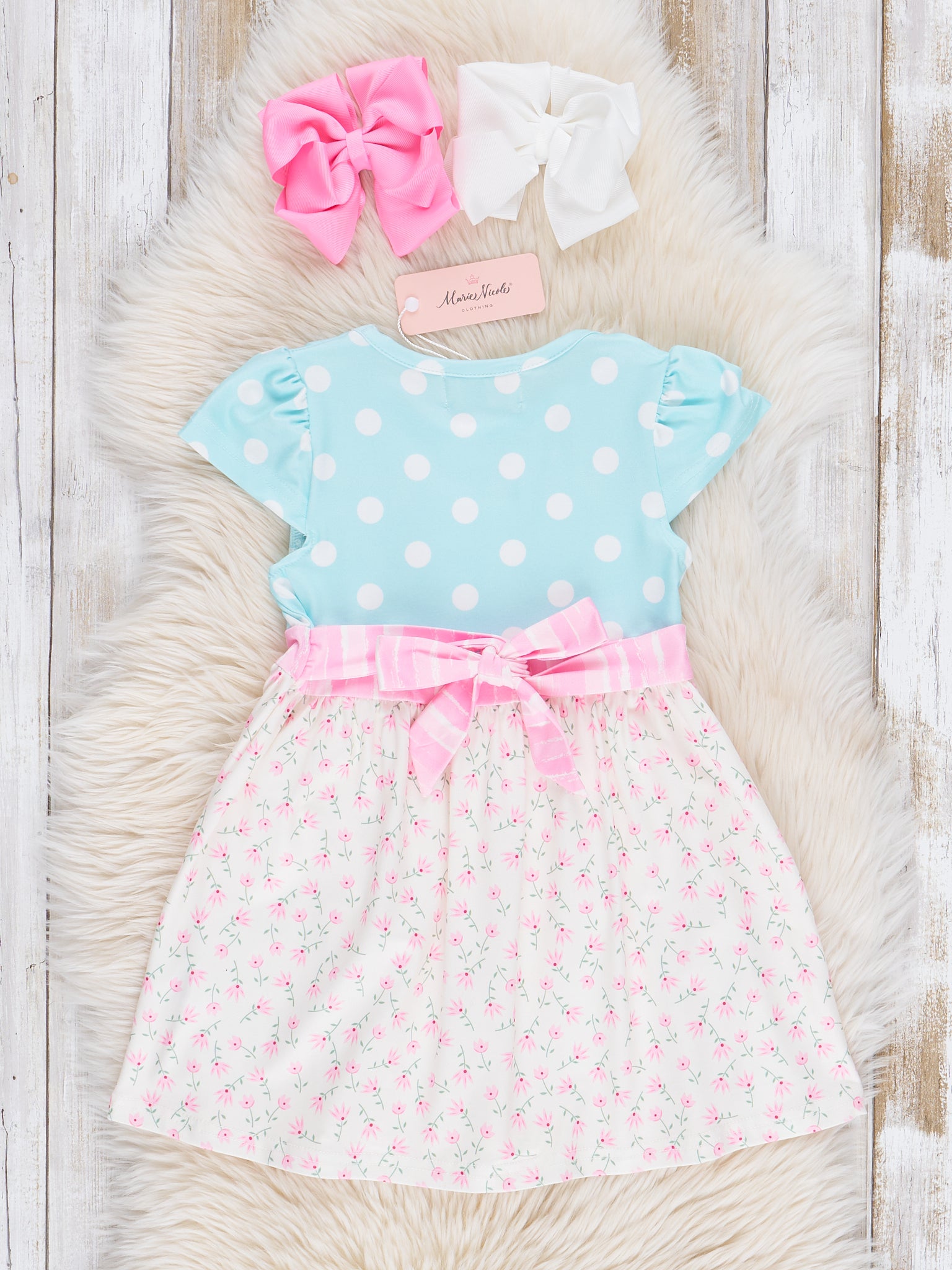Sky Blue Polka Dot Ruffle Dress - Marie Nicole Clothing