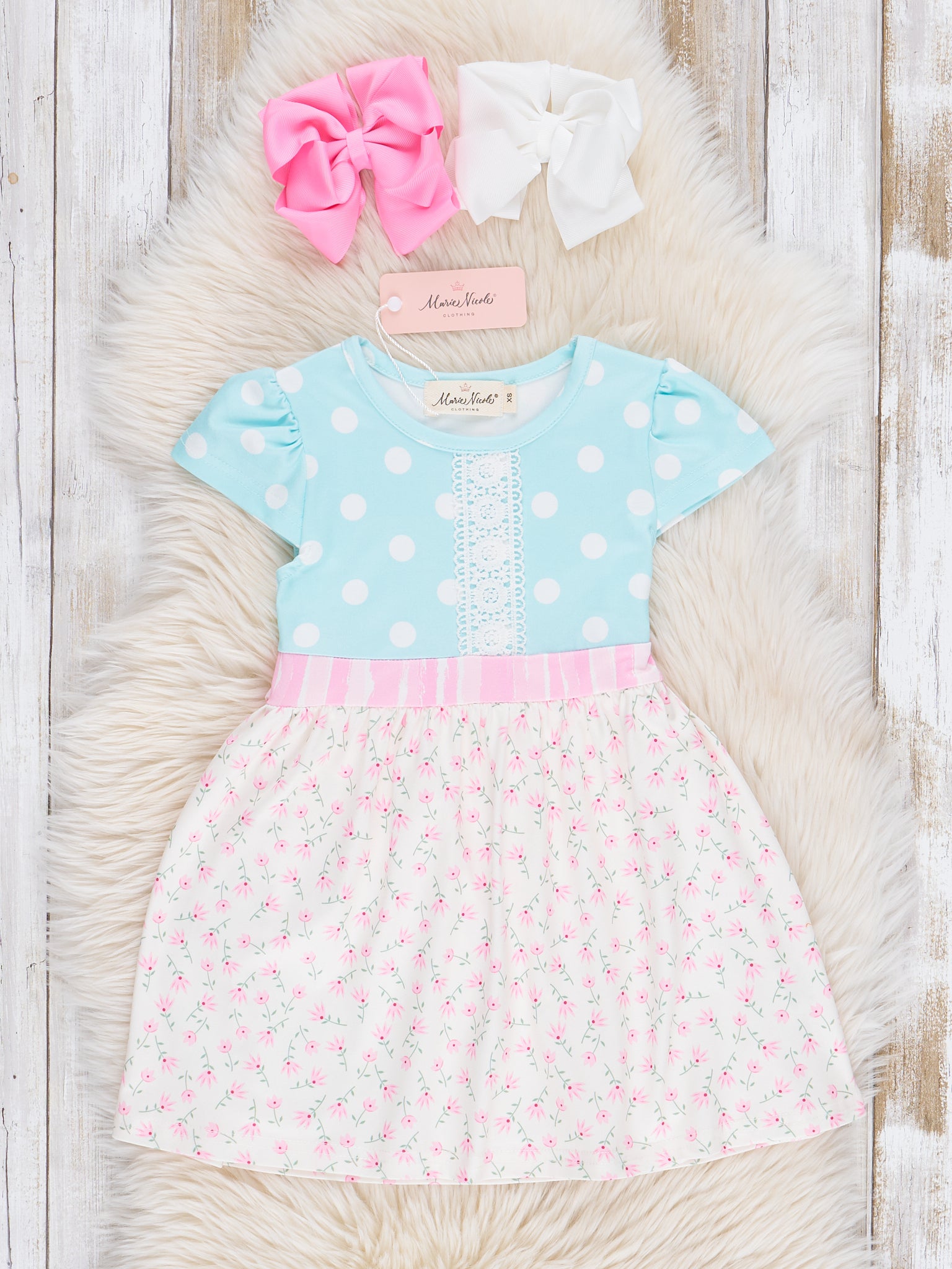 Sky Blue Polka Dot Ruffle Dress - Marie Nicole Clothing