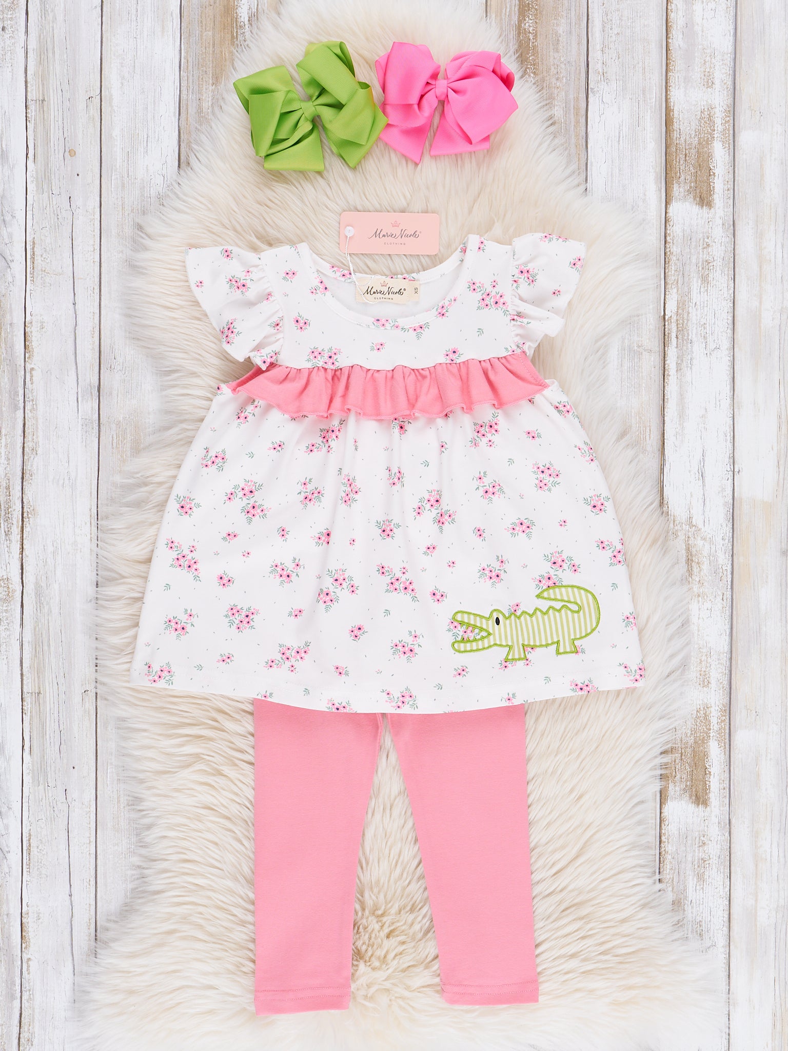 Pink Floral Embroidered Crocodile Ruffle Outfit - Marie Nicole Clothing
