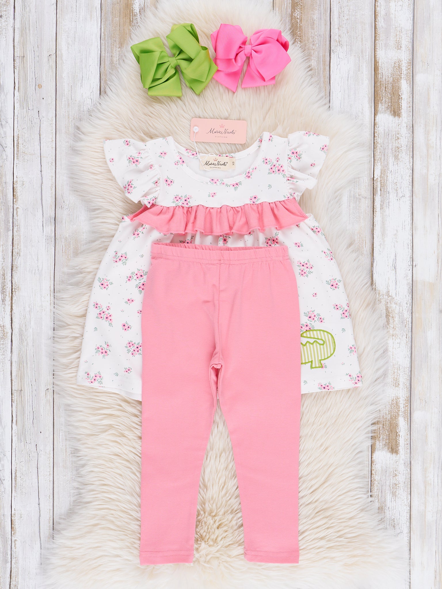 Pink Floral Embroidered Crocodile Ruffle Outfit - Marie Nicole Clothing